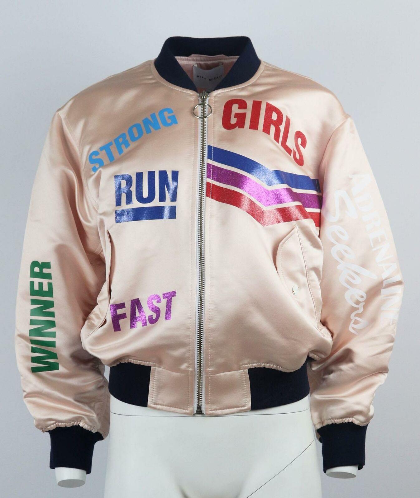 Mira Mikati's bomber jacket is speedily inspired by racer gals, patently broadcasting a decidedly feminist outlook, this piece is crafted from satin with printed detail throughout.
Multicoloured satin.
Zip fastening through front.
100% Polyester;