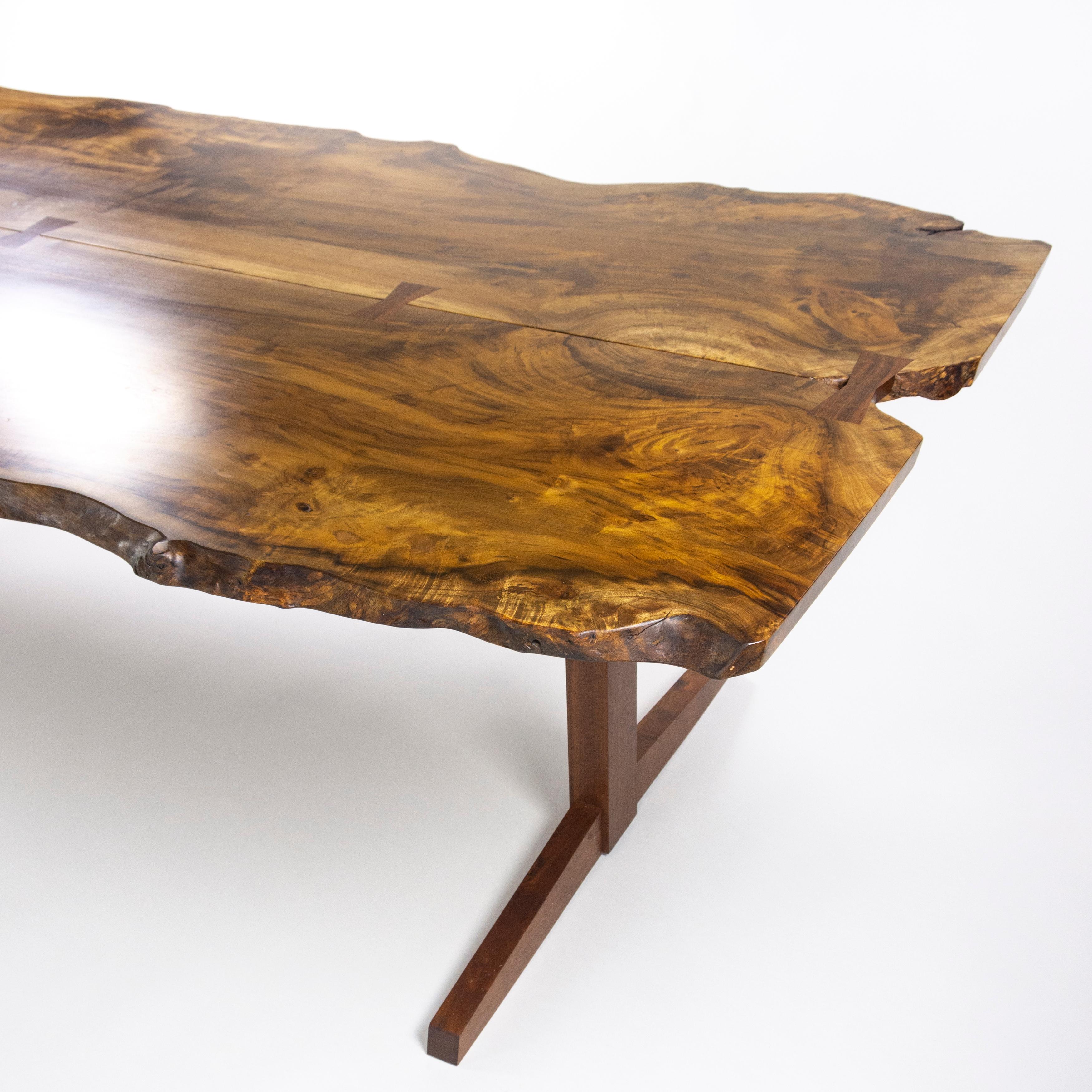 Mira Nakashima 96 x 46 inch Trestle Dining Table in Myrtle Burl with Walnut Base For Sale 2