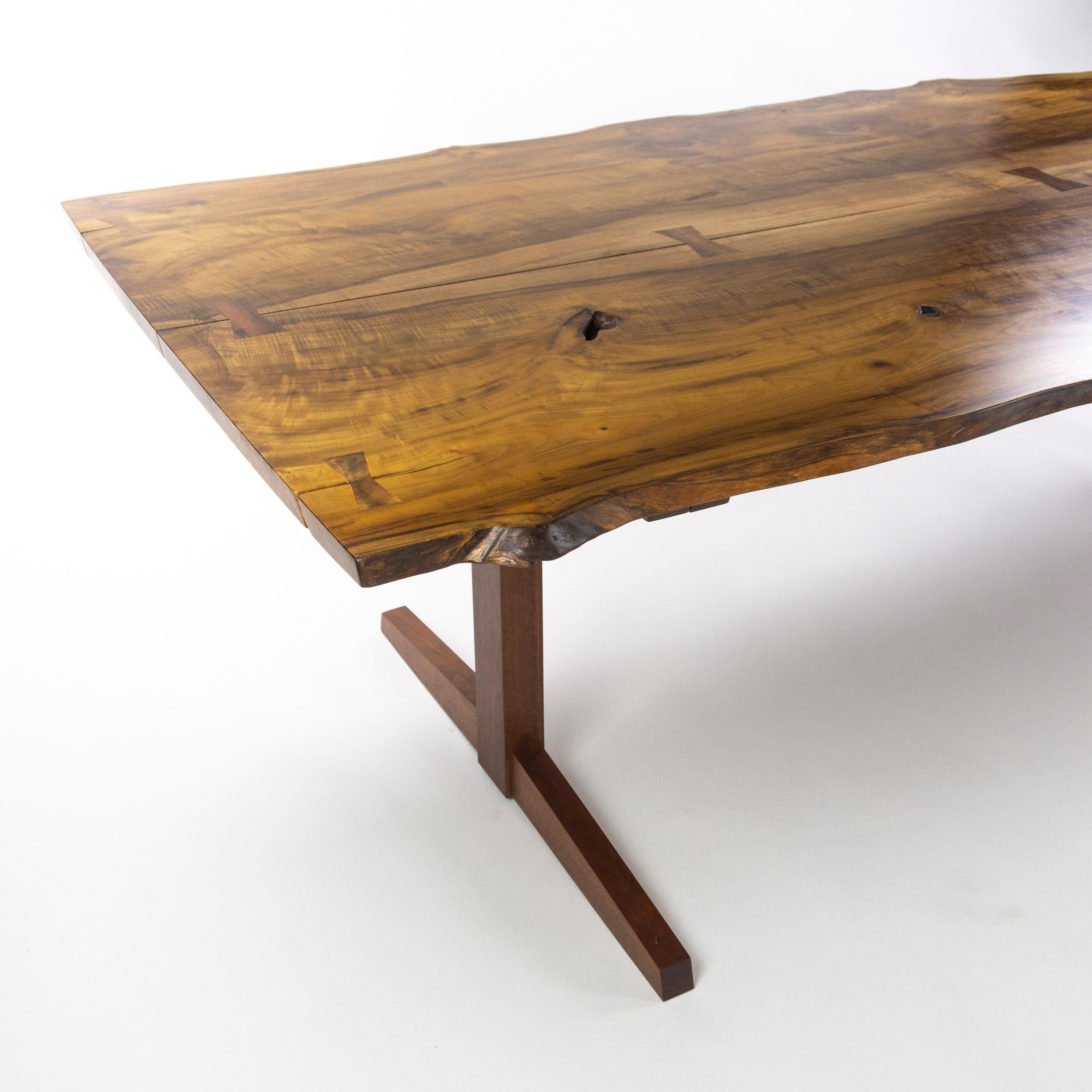Mira Nakashima 96 x 46 inch Trestle Dining Table in Myrtle Burl with Walnut Base For Sale 3