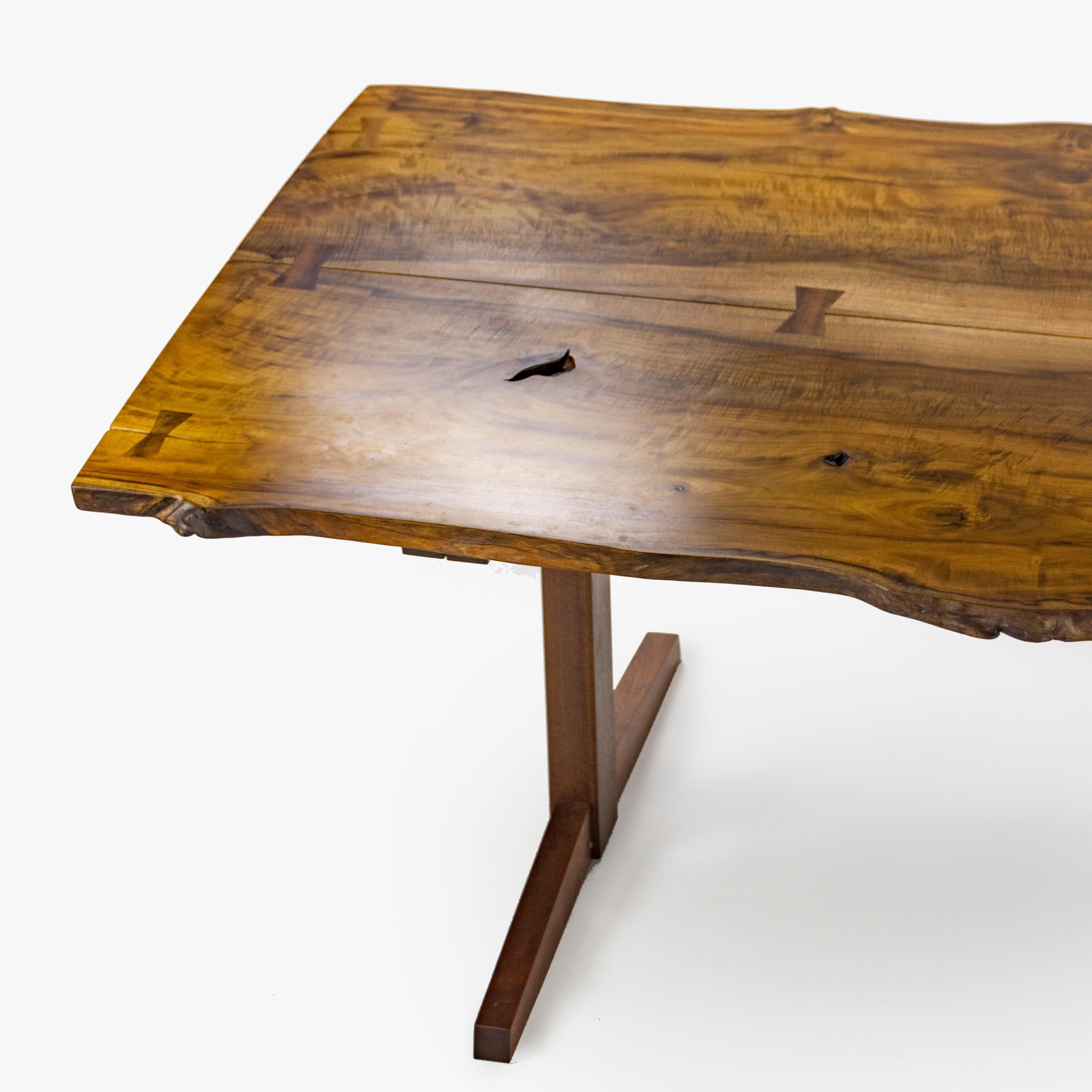 Mira Nakashima 96 x 46 inch Trestle Dining Table in Myrtle Burl with Walnut Base For Sale 4