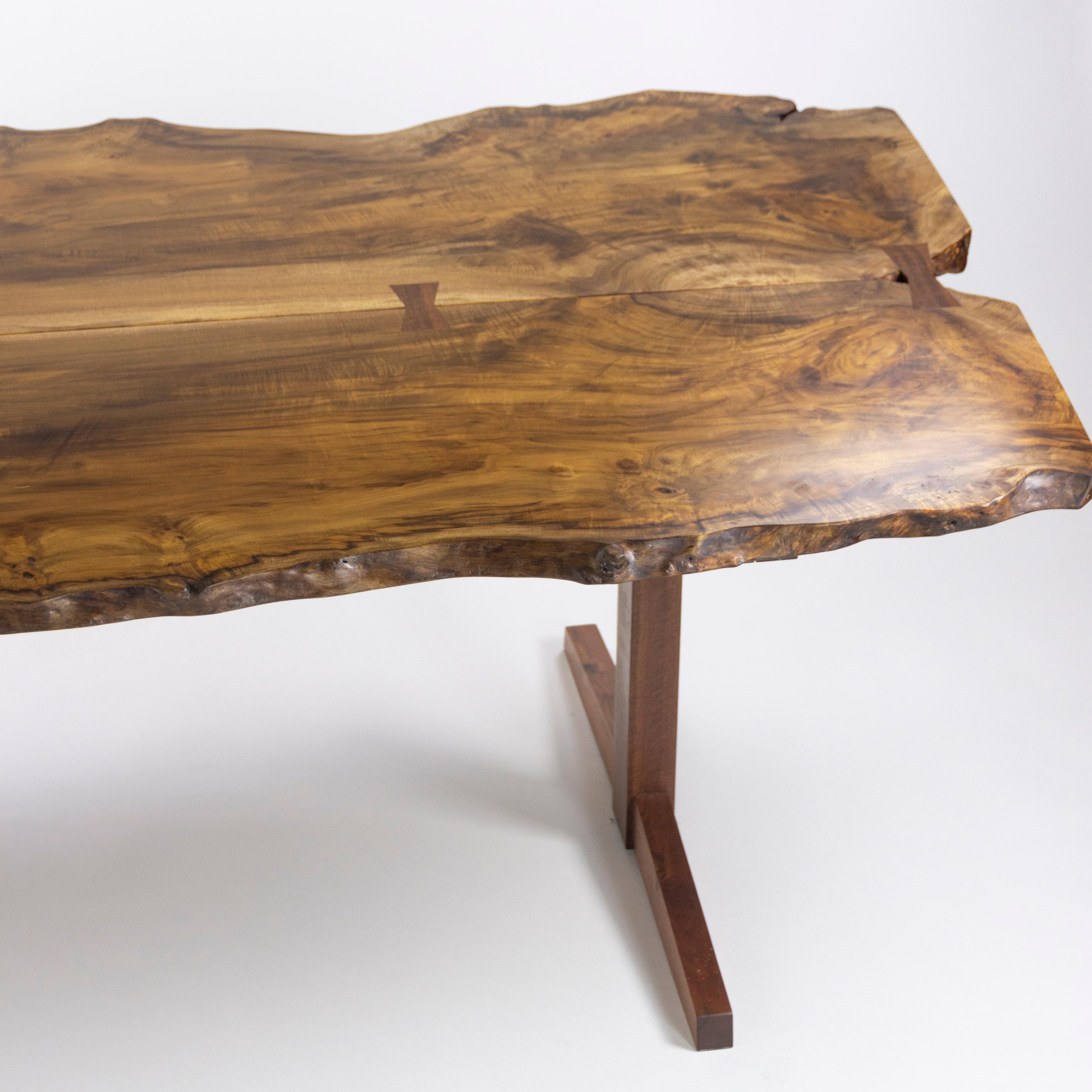 Mira Nakashima 96 x 46 inch Trestle Dining Table in Myrtle Burl with Walnut Base For Sale 5