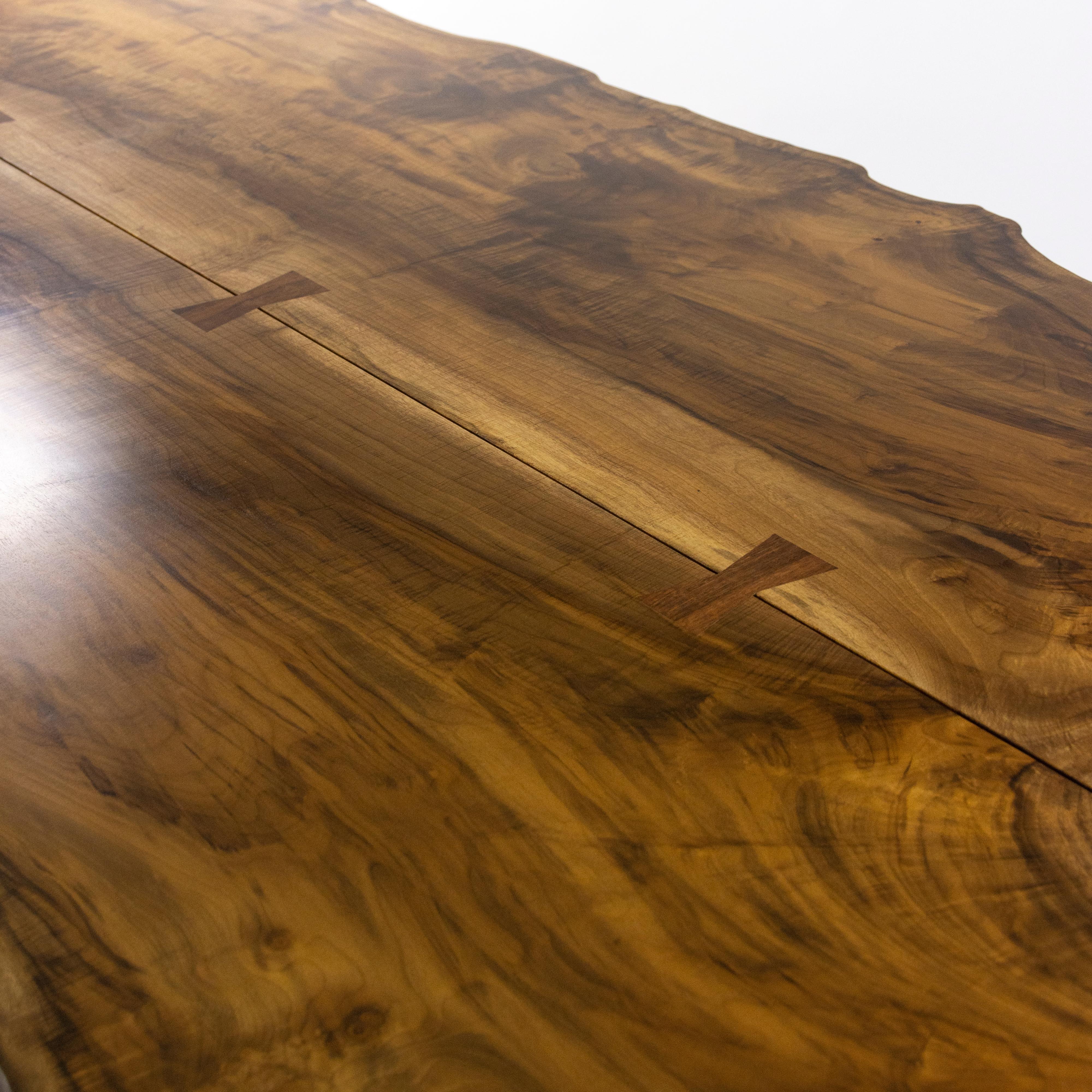 Mira Nakashima 96 x 46 inch Trestle Dining Table in Myrtle Burl with Walnut Base For Sale 8