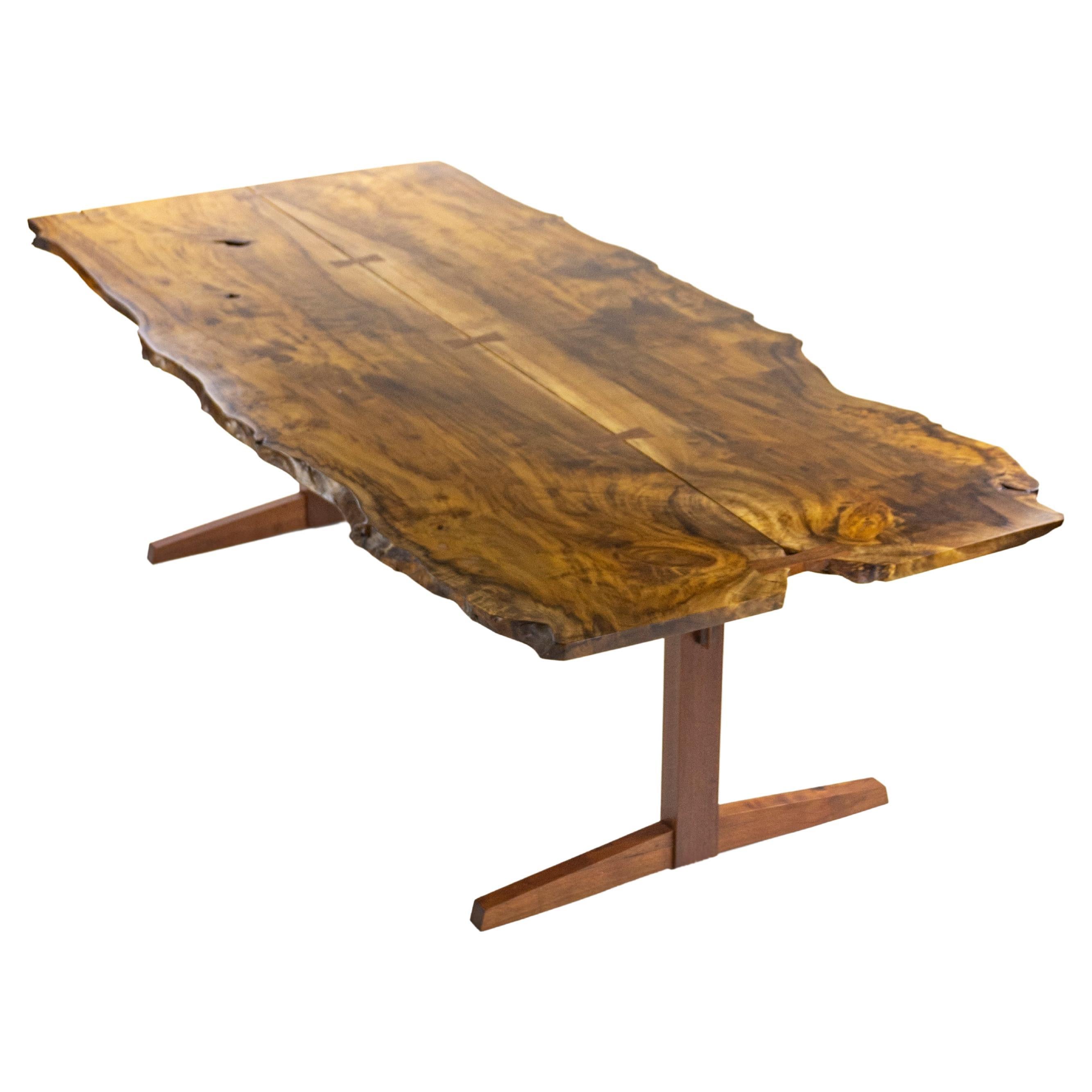 Mira Nakashima 96 x 46 inch Trestle Dining Table in Myrtle Burl with Walnut Base For Sale