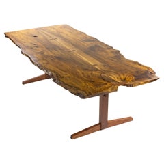 Mira Nakashima 96 x 46 inch Trestle Dining Table in Myrtle Burl with Walnut Base