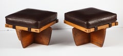 Mira Nakashima Signed Greenrock Walnut & Brown Leather Ottomans/Stools, USA 1992