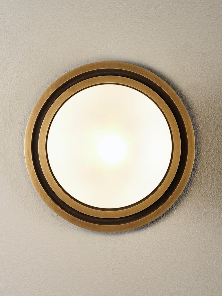 Contemporary Mira Round Wall Sconce in Natural Brass and Blown Glass by Blueprint Lighting For Sale