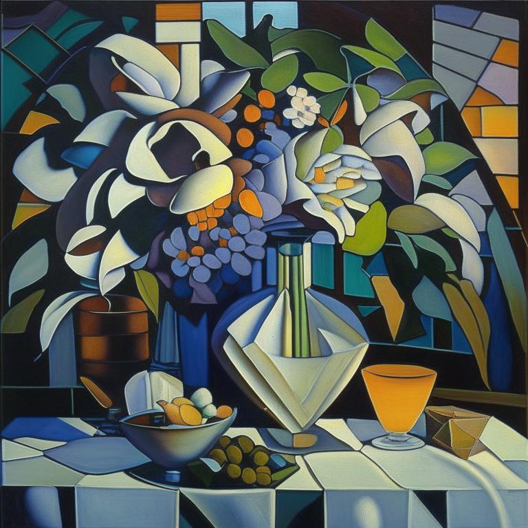 Still life in stained glass style , 80x80 cm, print on canvas - Print by Mira Stern