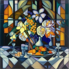 Still life in stained glass style , 80x80 cm, print on canvas