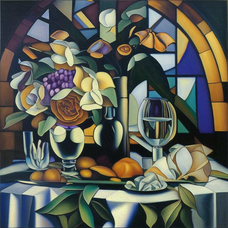 Still life in stained glass style , 80x80 cm, print on canvas