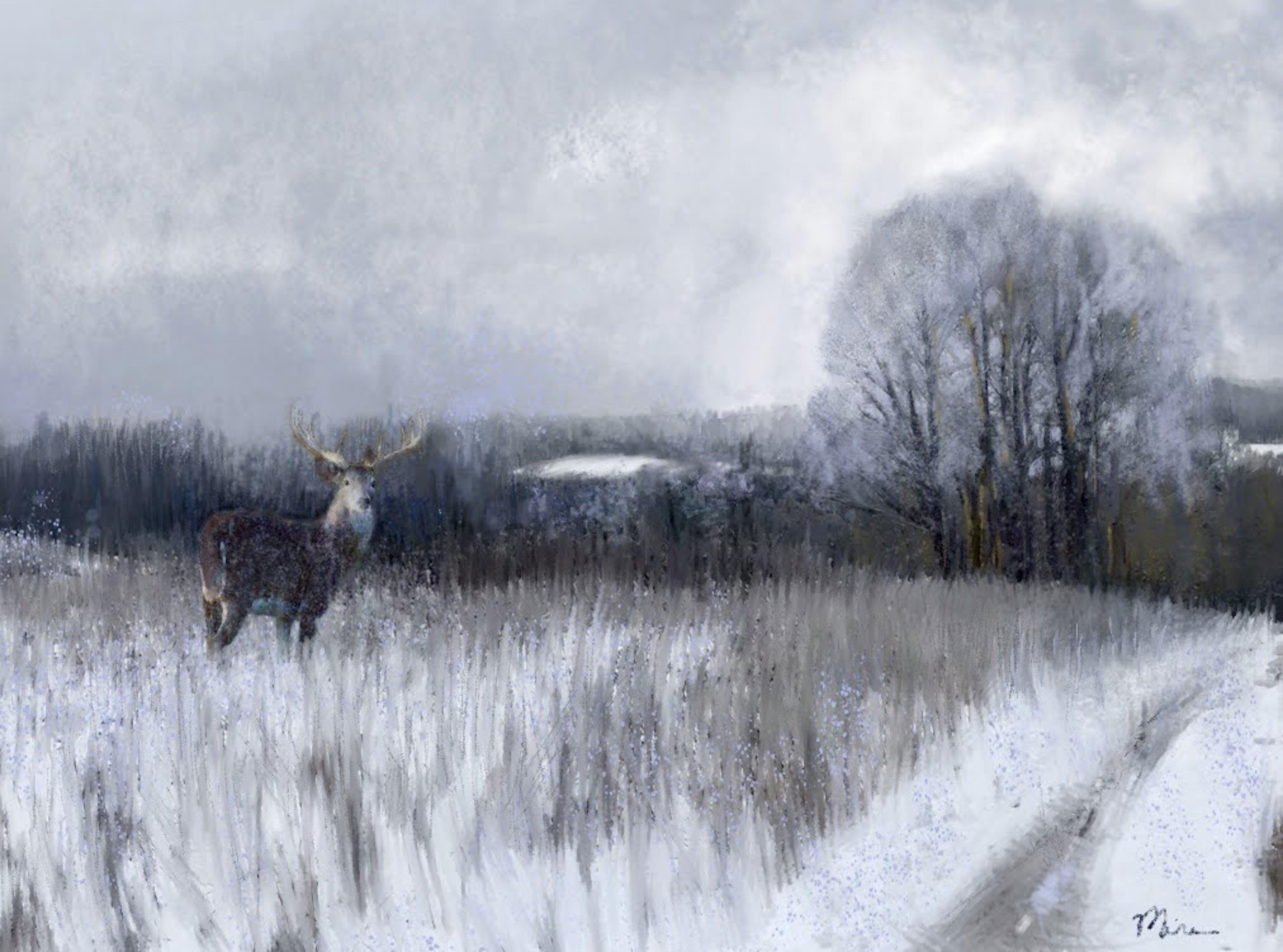 This piece is a painterly rendition of a deer standing within an atmospheric field of snow. The paper is a unique combination of high quality printing, distinctive gouche brush strokes and lines, with embellished ink and texture facilitated by the