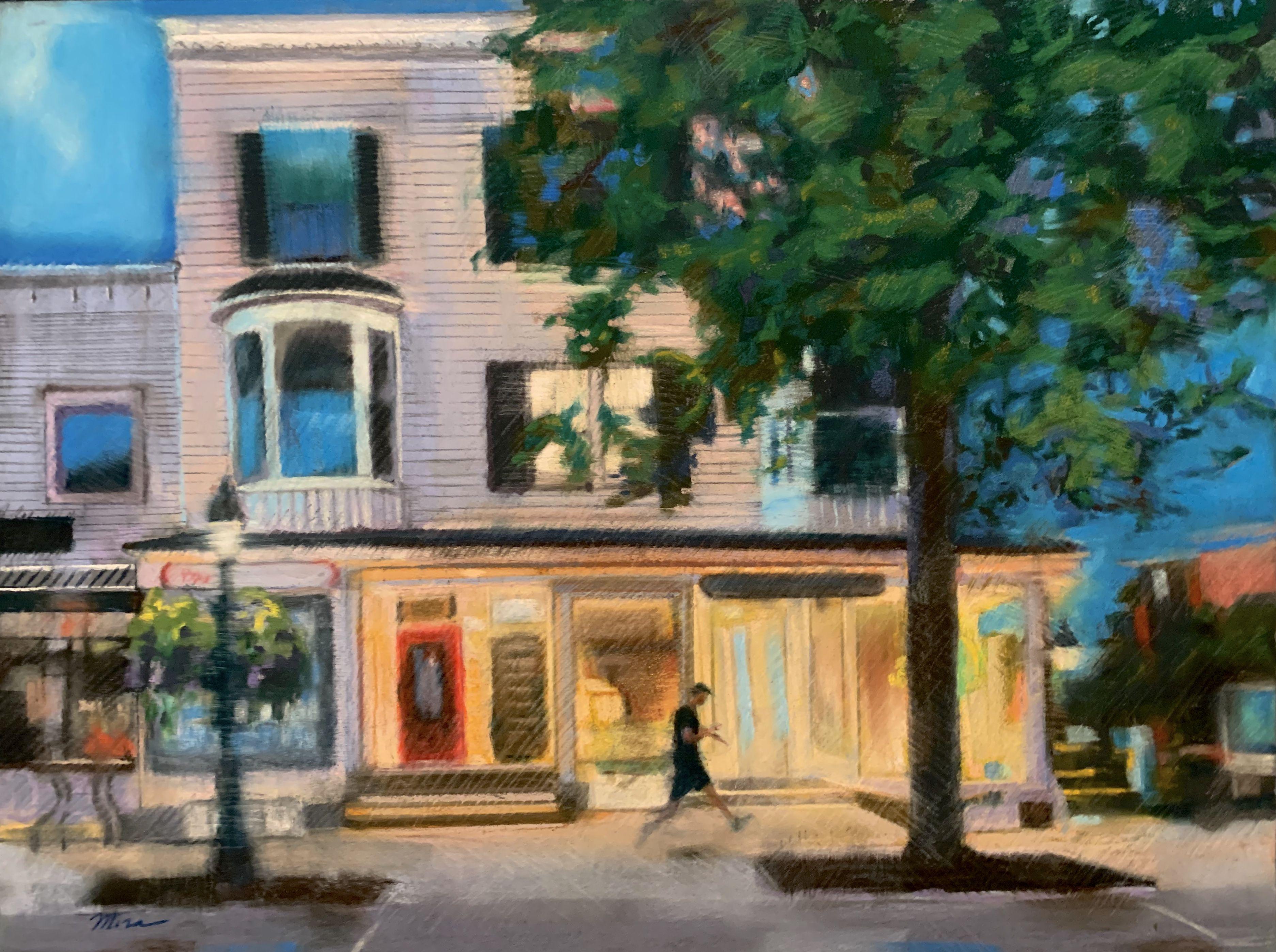 This bright and vibrant painting illustrates a young man rushing past a bookstore at dusk, with a contemporary flair.  :: Painting :: Contemporary :: This piece comes with an official certificate of authenticity signed by the artist :: Ready to