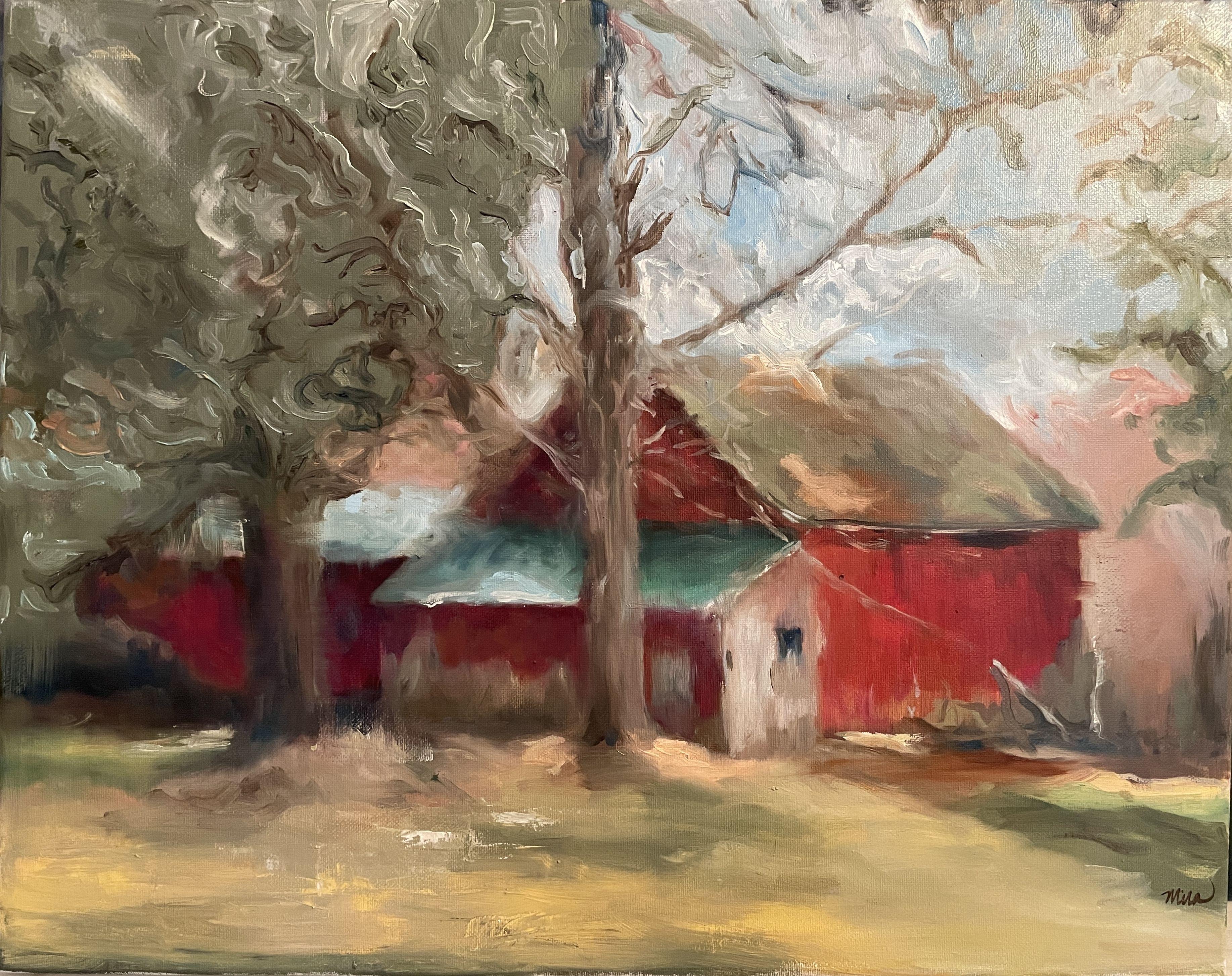 paintings of red barns
