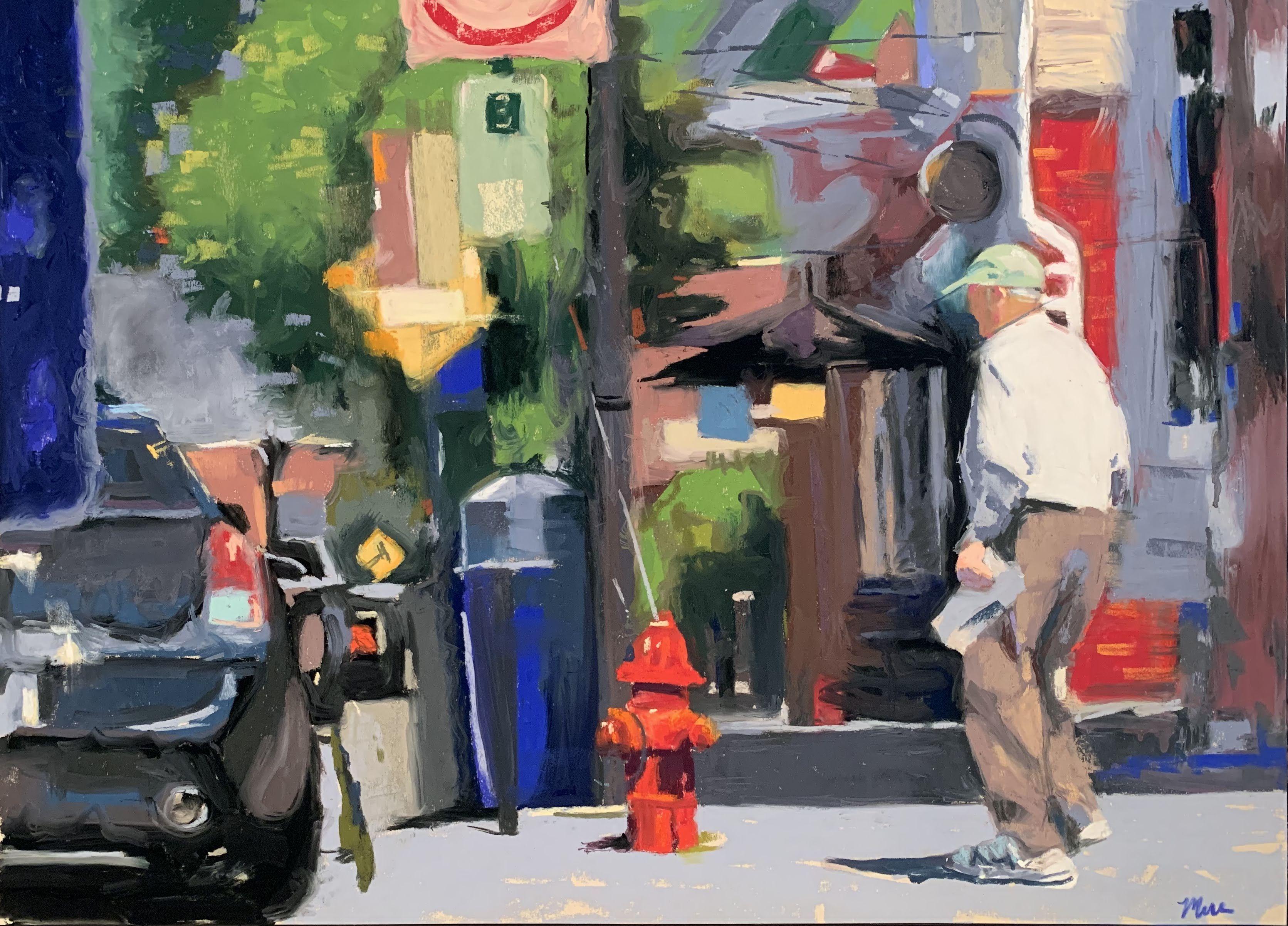 This contemporary painting is a street scene, featuring a man out for his daily news, in bright and vibrant colors.  :: Painting :: Contemporary :: This piece comes with an official certificate of authenticity signed by the artist :: Ready to Hang: