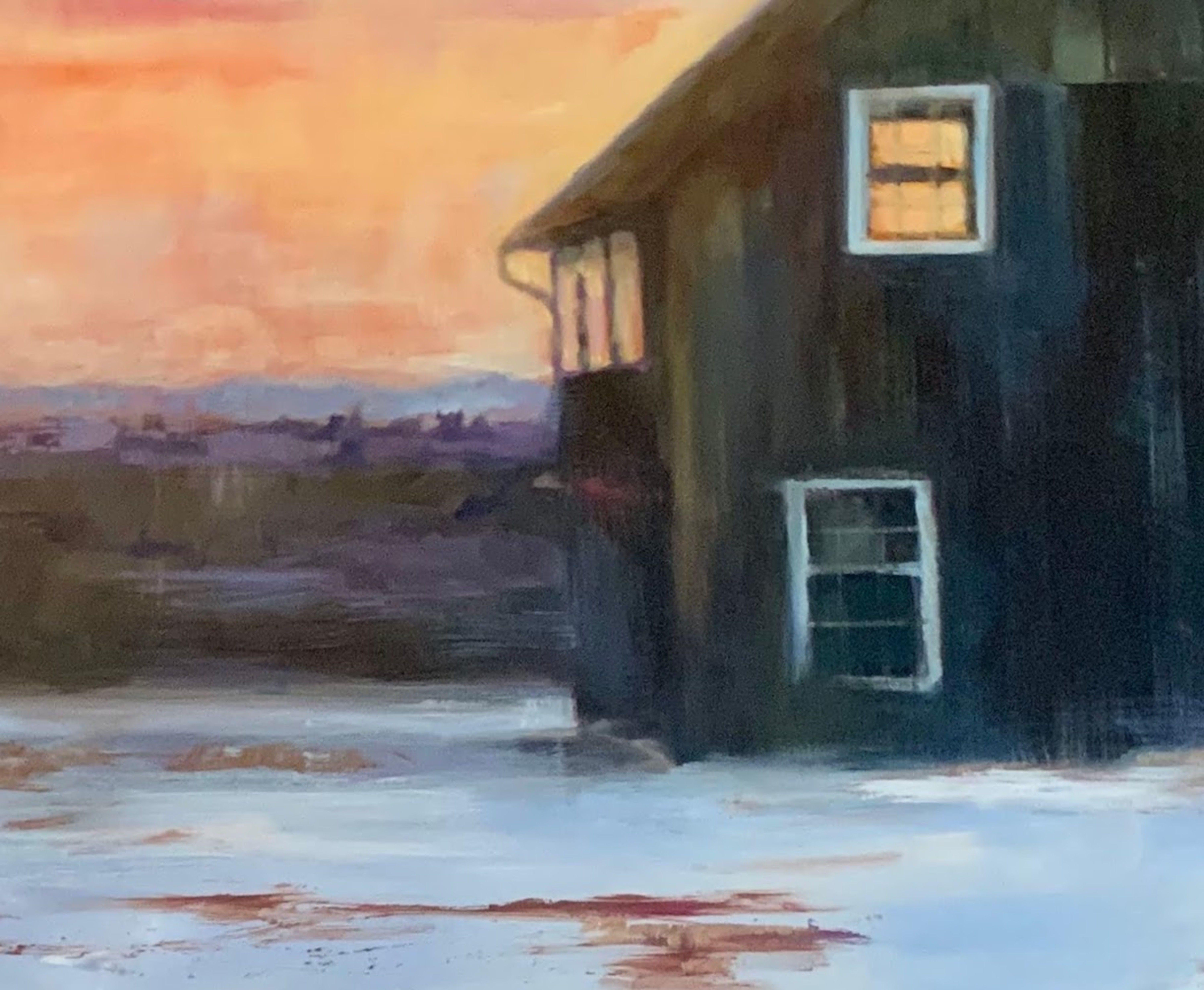 Large sunset fills the sky behind a muted barn on a snowy field. A rugged driveway winds up to the barn, as dried grass pops through the snowy foreground.   Painting ships as rolled canvas to be assembled, unless otherwise specified.  :: Painting ::
