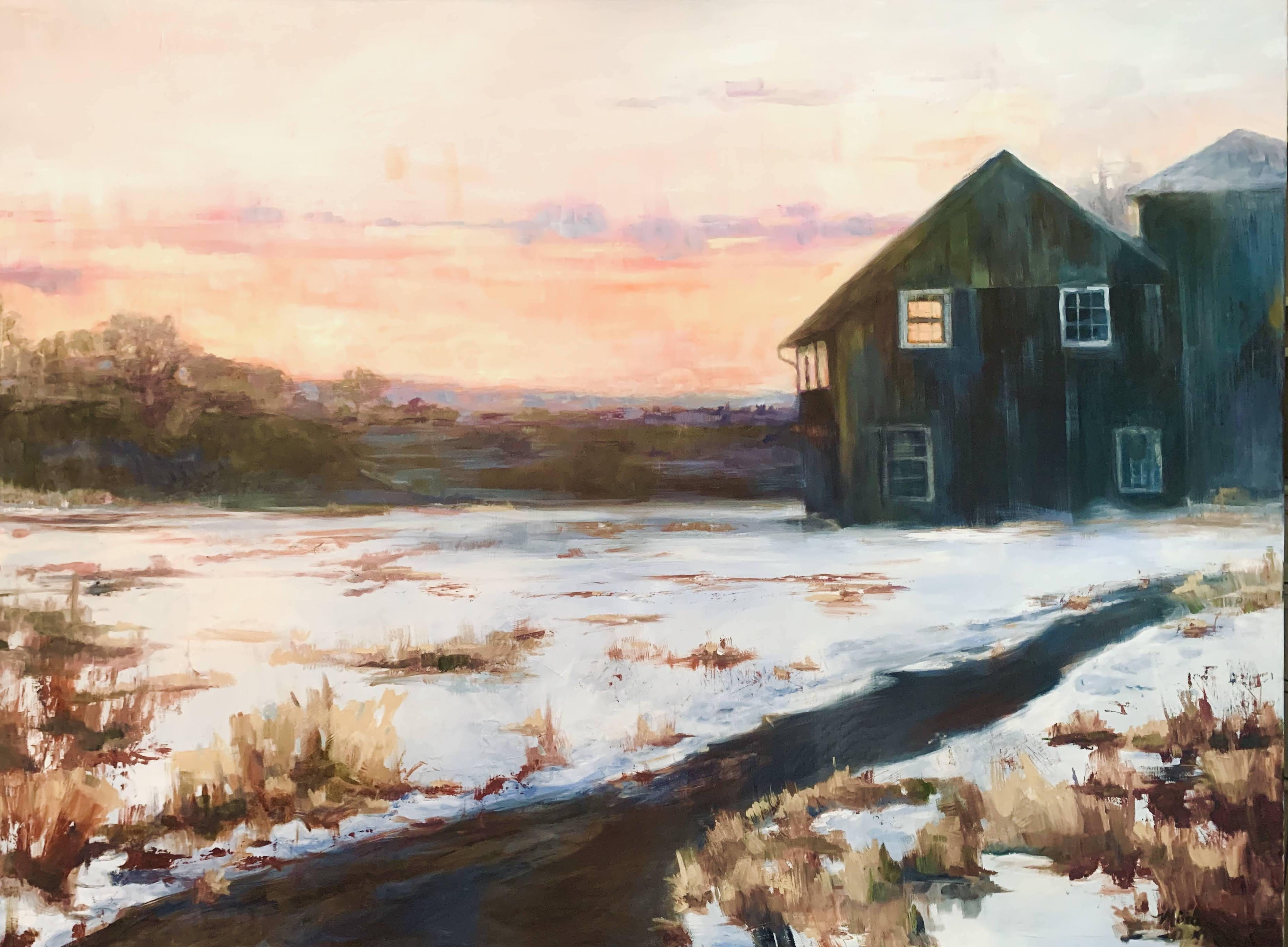 Mira  Vitarello Landscape Painting - Sunset Barn, Painting, Oil on Canvas