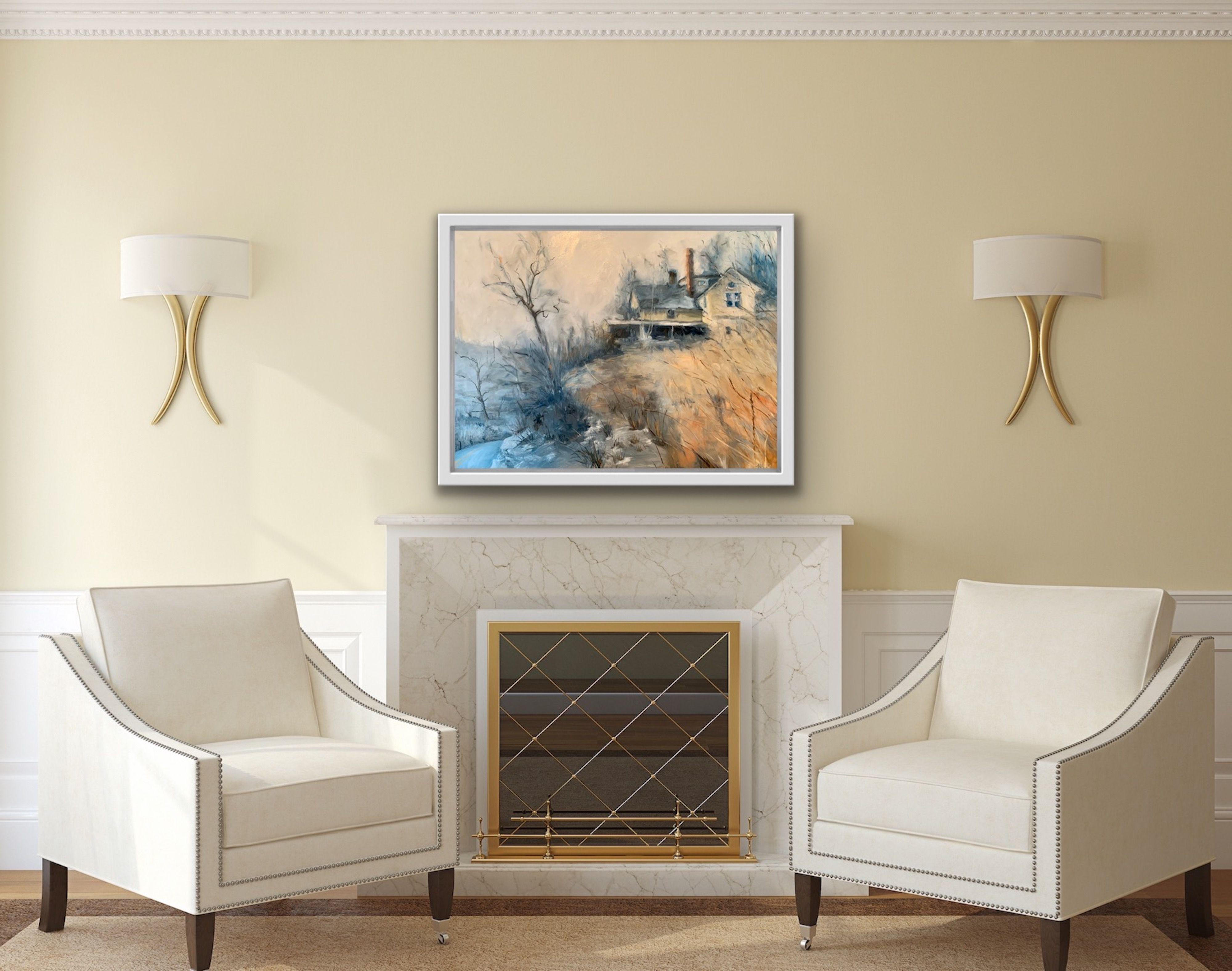 A yellow country home is perched on the edge of a cliff. The Cliff is has a wintery mix of snow and ocher grass with bare trees reaching into a blustery sky. This painting ships as a rolled canvas ready to assemble, unless otherwise specified.  ::