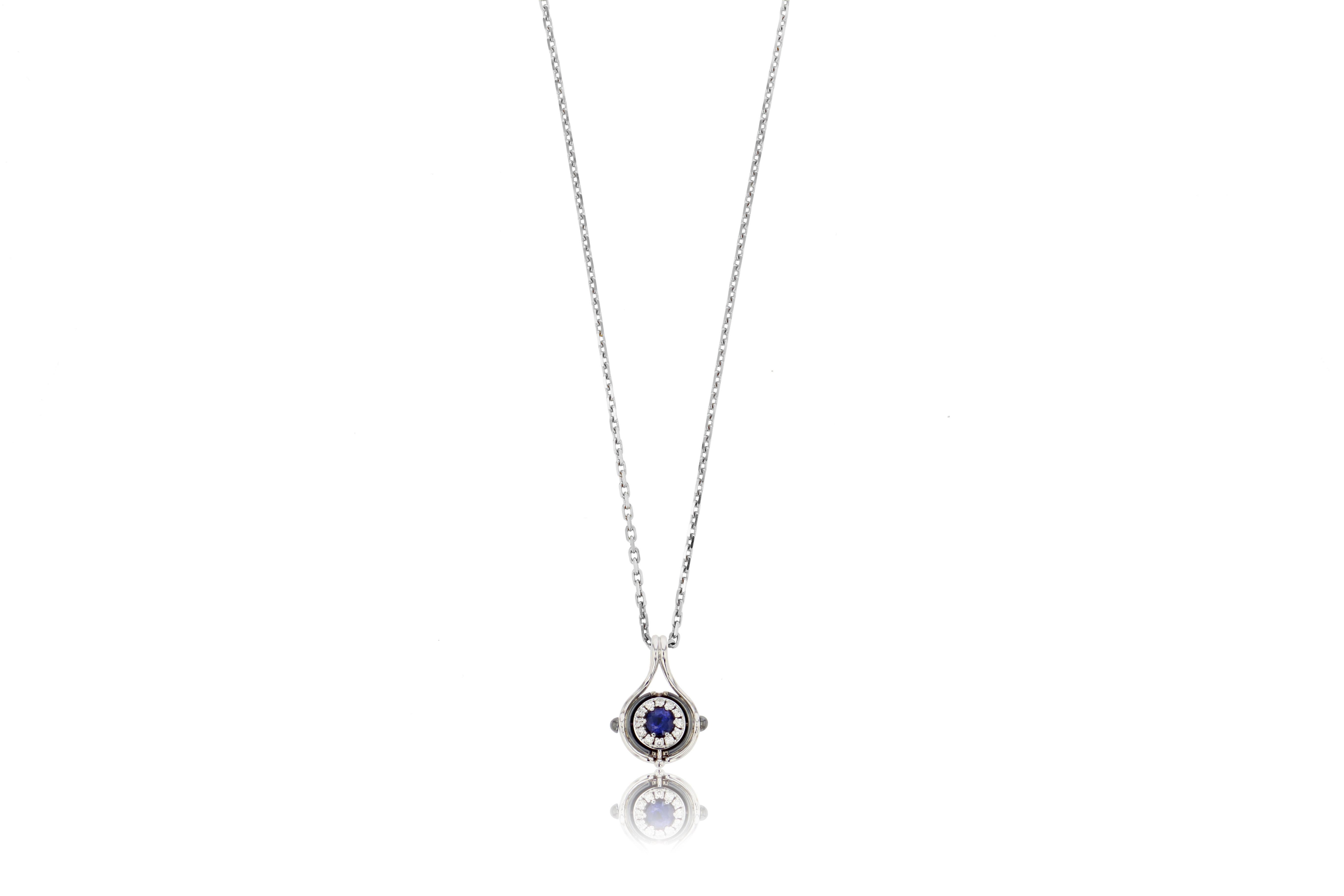 Cushion Cut Blue Sapphire Diamonds Mira Pendant Necklace in 18k White Gold by Elie Top