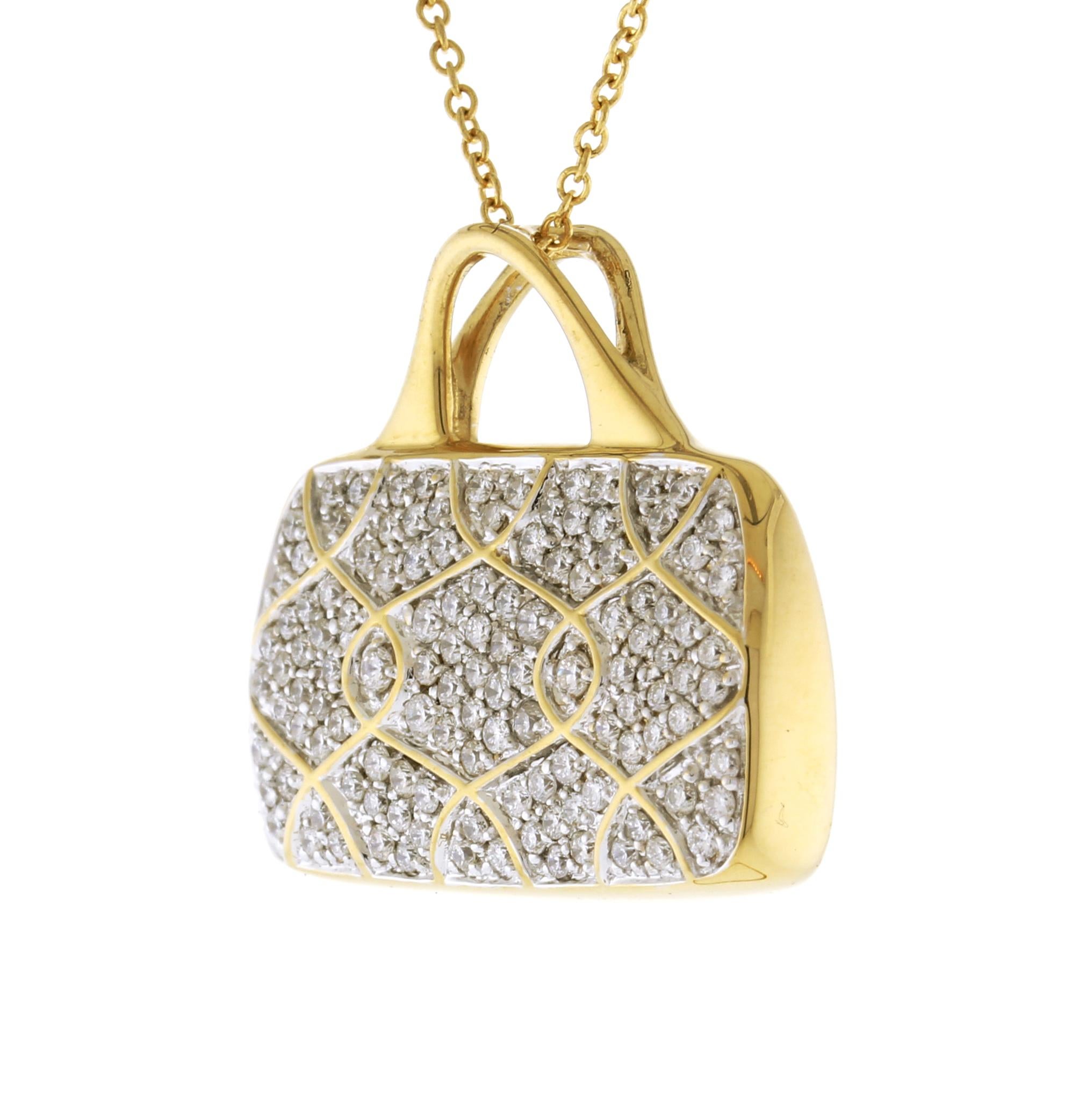 This pendant, crafted in the shape of a purse, features a stunning array of pave diamonds adorning its surface.
♦ Designer: Mirabelle
♦ Circa: 2020s
♦ Metal: 18 Karat Gold
♦ Width: 1inch
♦ Gemstones: Diamonds =1.60cts approximately
♦ Packaging: