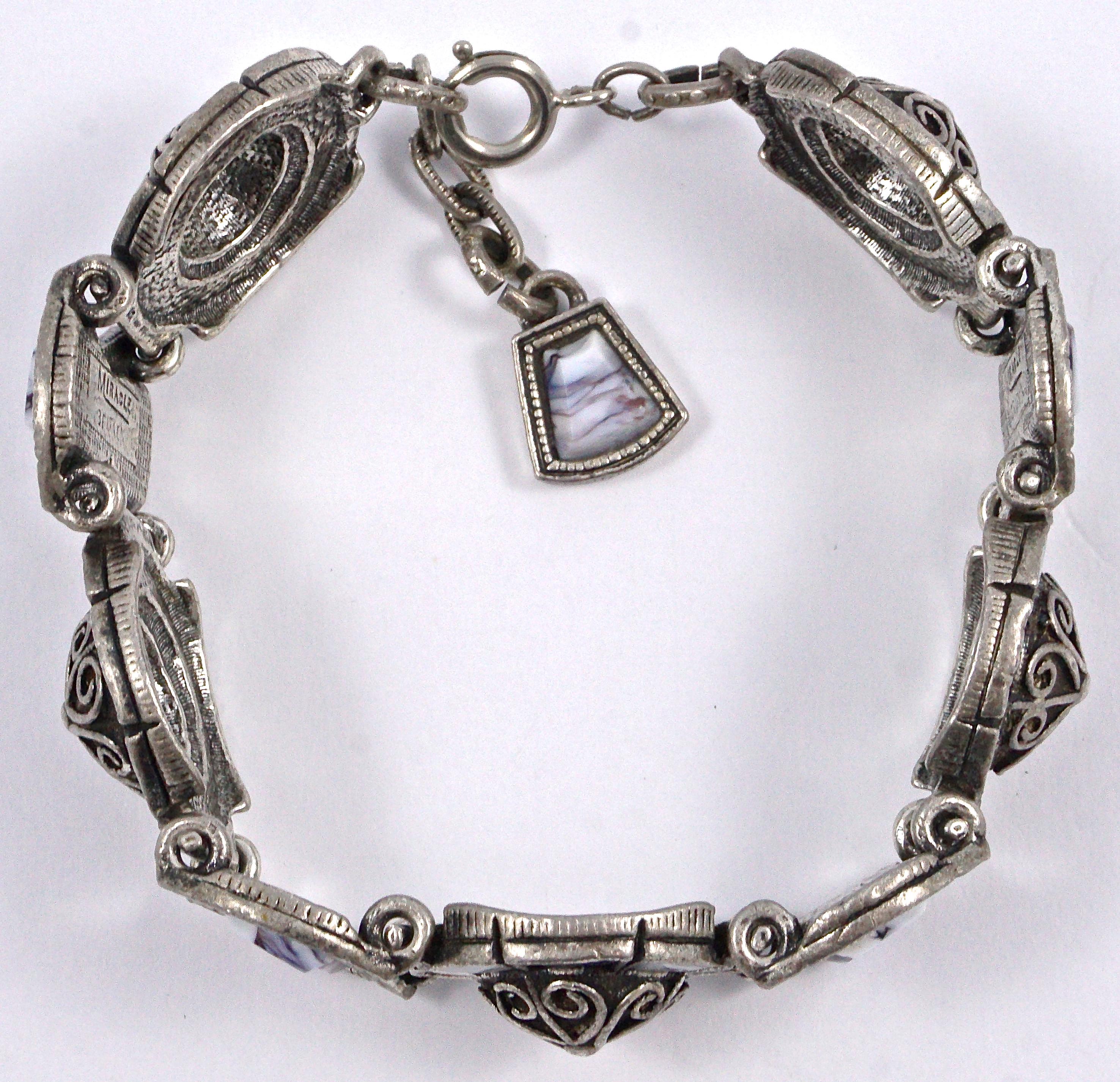 Women's or Men's Miracle Britain Silver Tone Link Bracelet with Faux Agate, circa 1960s For Sale