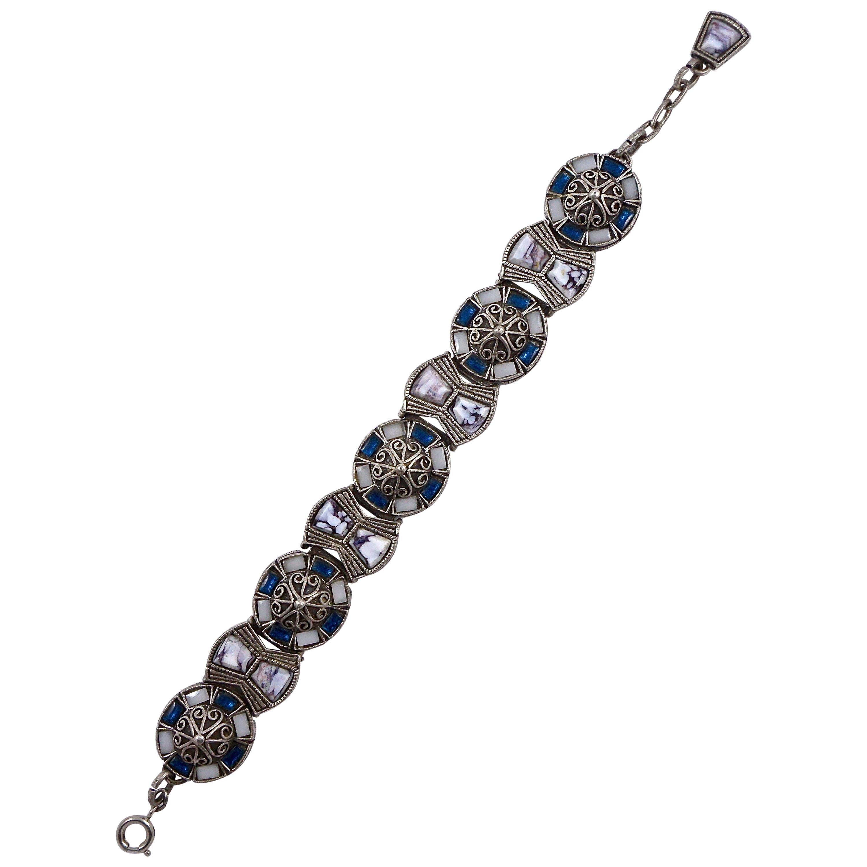 Miracle Britain Silberfarbenes Gliederarmband mit Kunstachat, ca. 1960er Jahre im Angebot