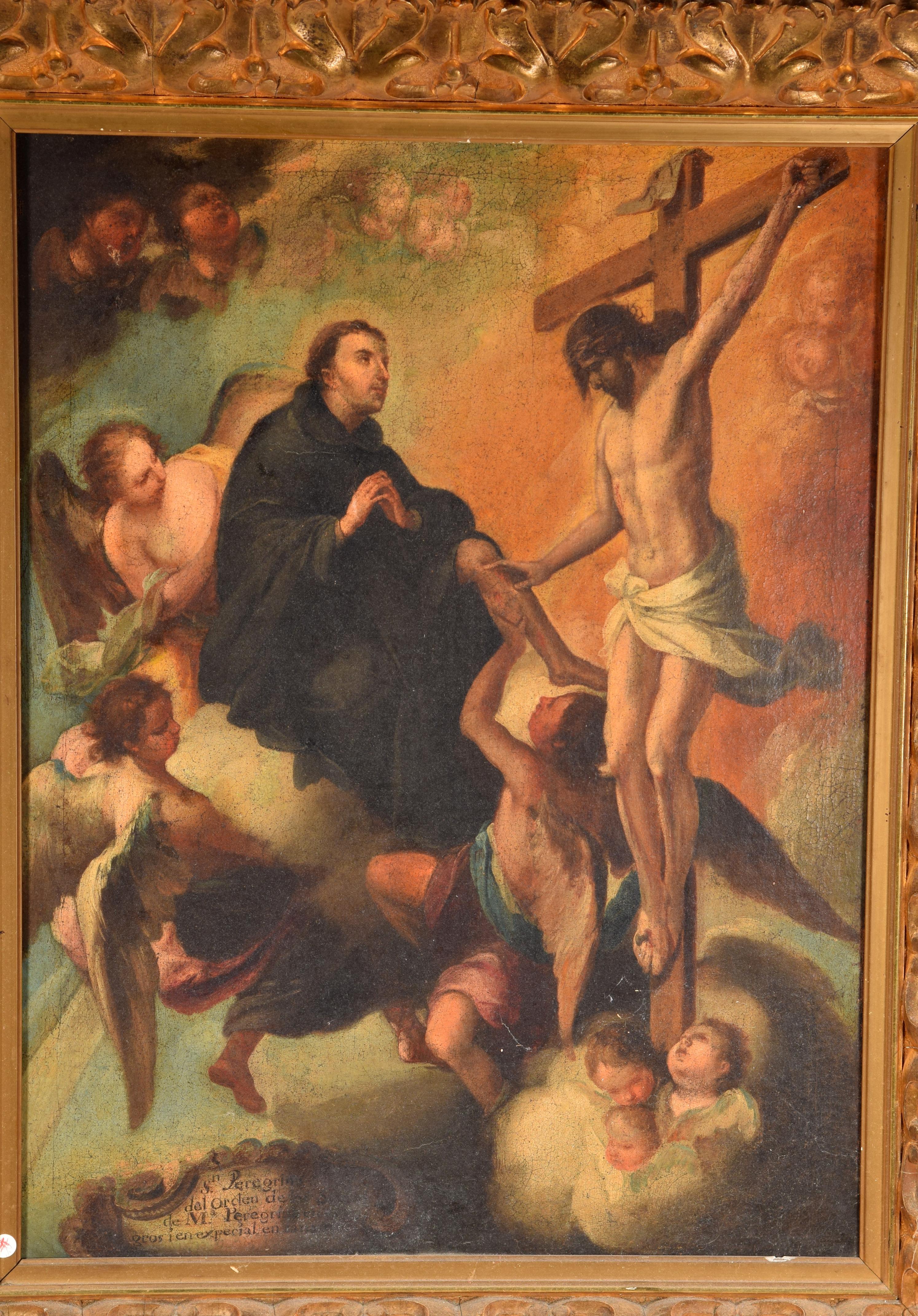 Miracle of Saint Peregrine Laziosi. Oil on canvas. Spanish School, 18th century.
Oil on canvas showing a man surrounded by angels and seated on a cloud of angels and seated on a cloud next to the crucified Christ
crucified Christ, who touches the
