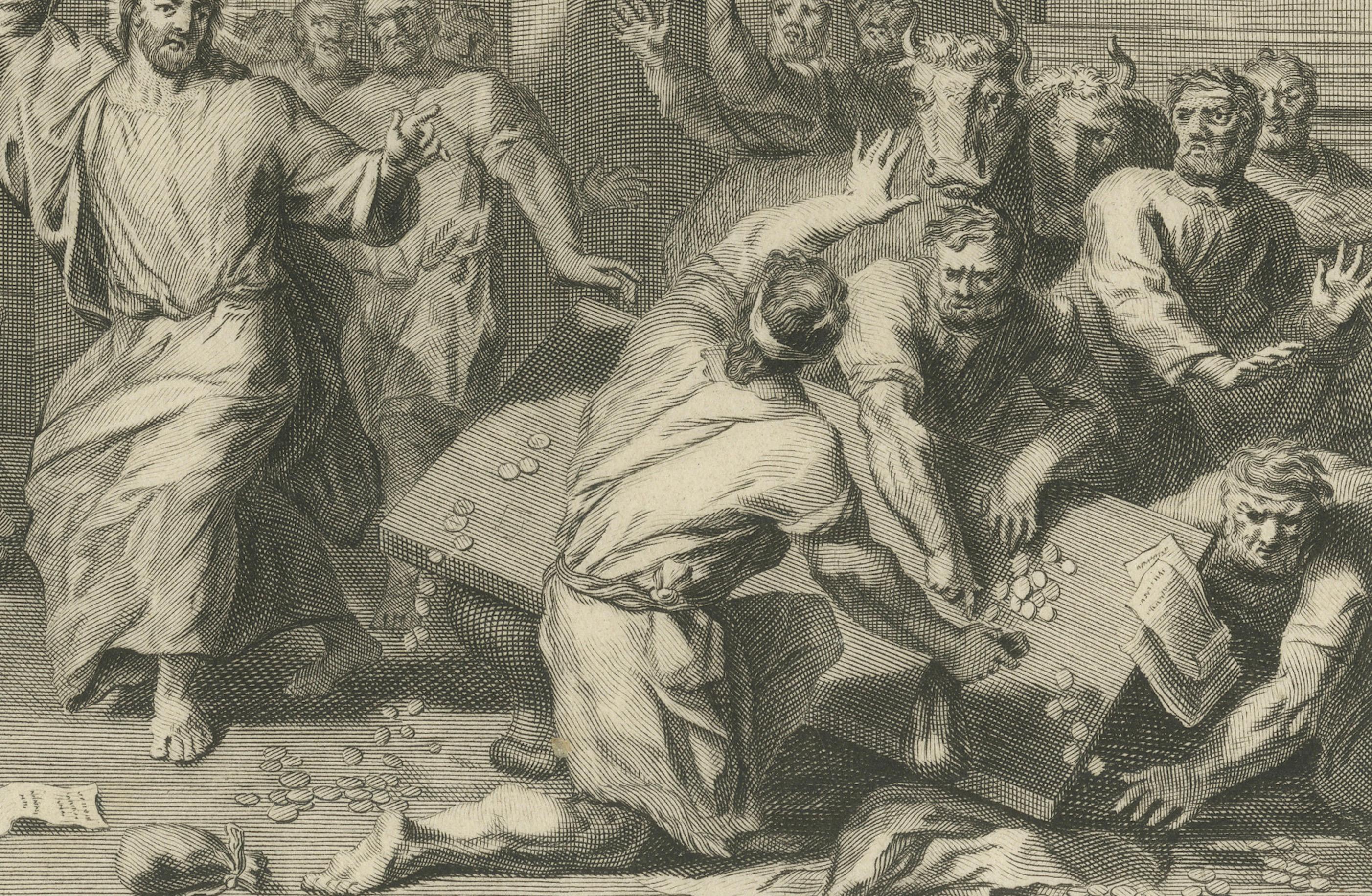 Die Wunder Christi - Hochzeit zu Kana und Tempelreinigung, Pieter Mortier, um 1700

Antiker Originalstich aus Histoire du Vieux et du Nouveau Testament, veröffentlicht in Amsterdam von Pieter Mortier um 1700. Die Tafel zeigt zwei Episoden aus dem