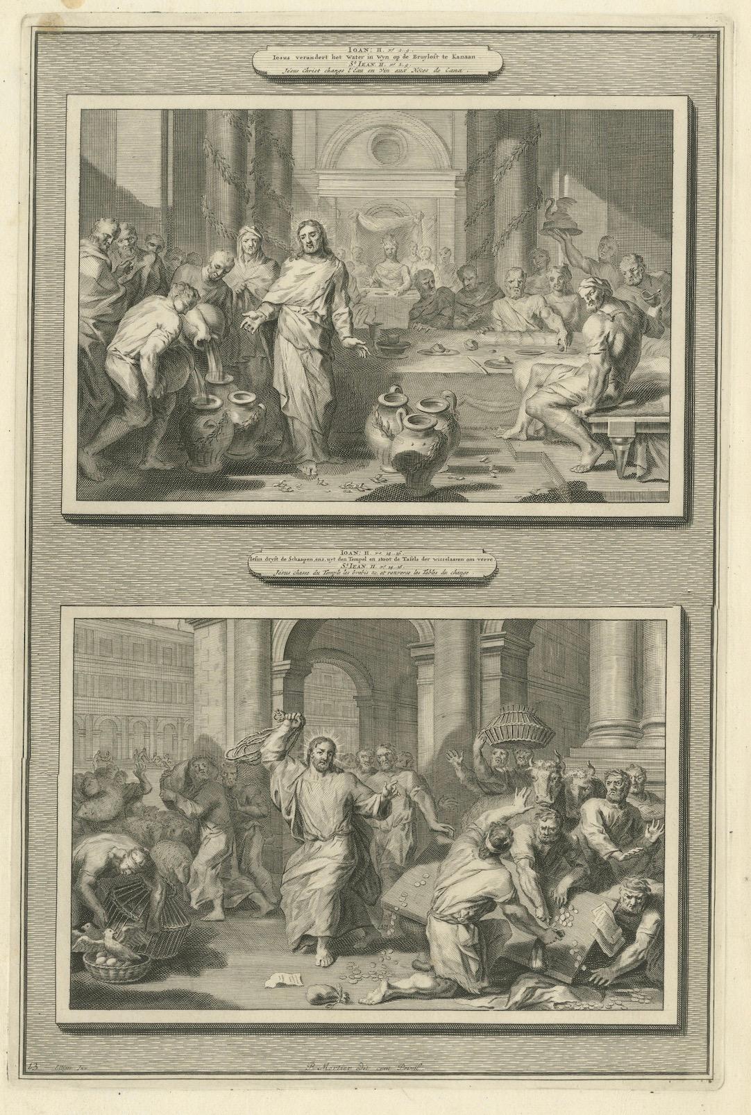 Die Wunder Christi - Hochzeit zu Kana und Tempelreinigung, P. Mortier, 1700 (Frühes 18. Jahrhundert) im Angebot