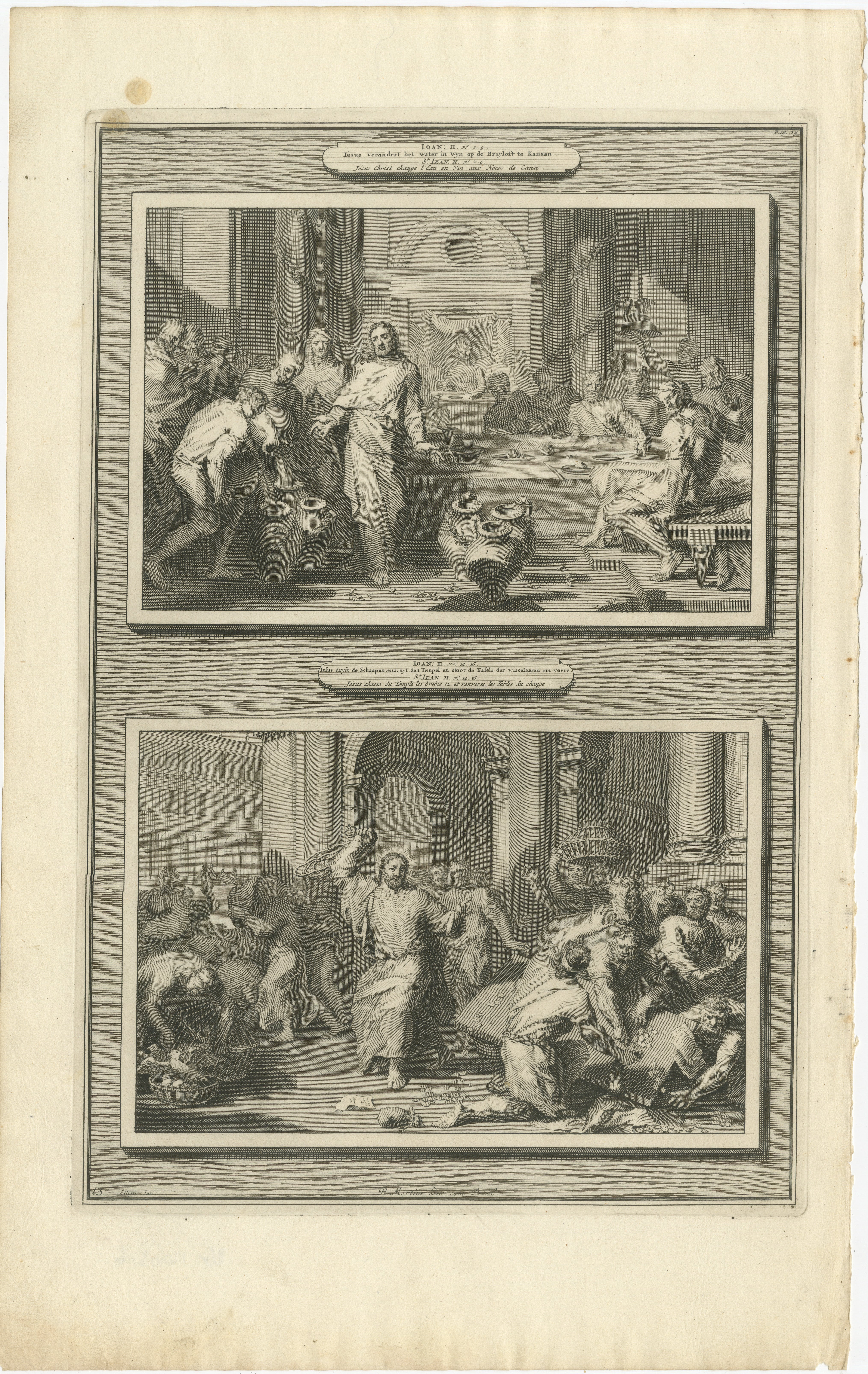 Die Wunder Christi - Hochzeit zu Kana und Tempelreinigung, P. Mortier, 1700