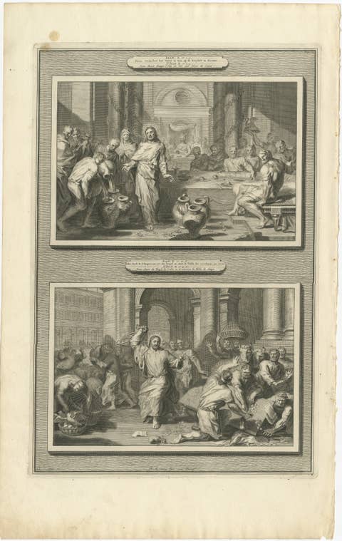 Miracles of Christ – Wedding at Cana & Cleansing of the Temple, P. Mortier, 1700