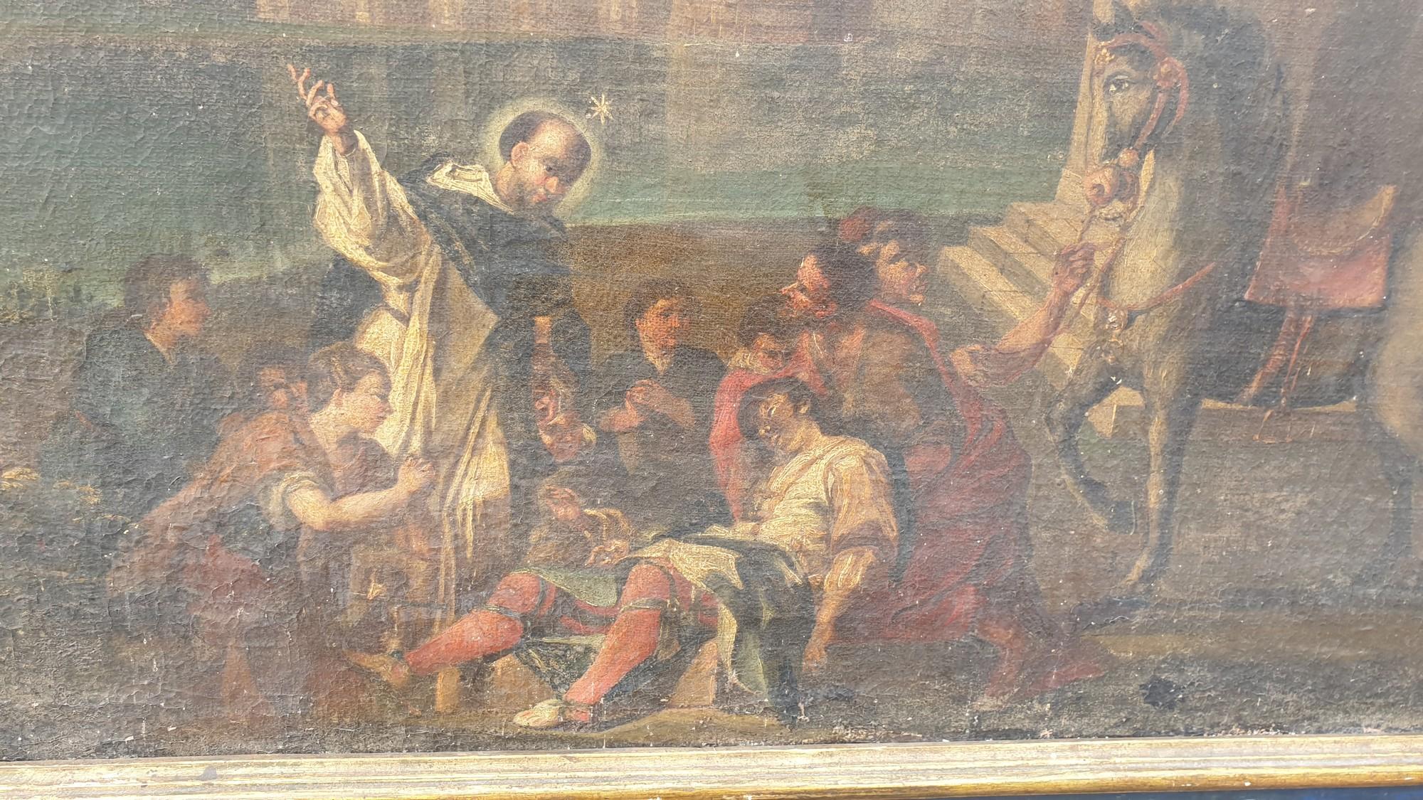 Due oli su tela, scuola del XVIII secolo, che rappresentano due miracoli di Vincent Ferrier: la guarigione di una persona ferita e il bambino colpito dalla peste.
I miracoli sono presentati con il Santo aureolato, circondato da figure, con paesaggi