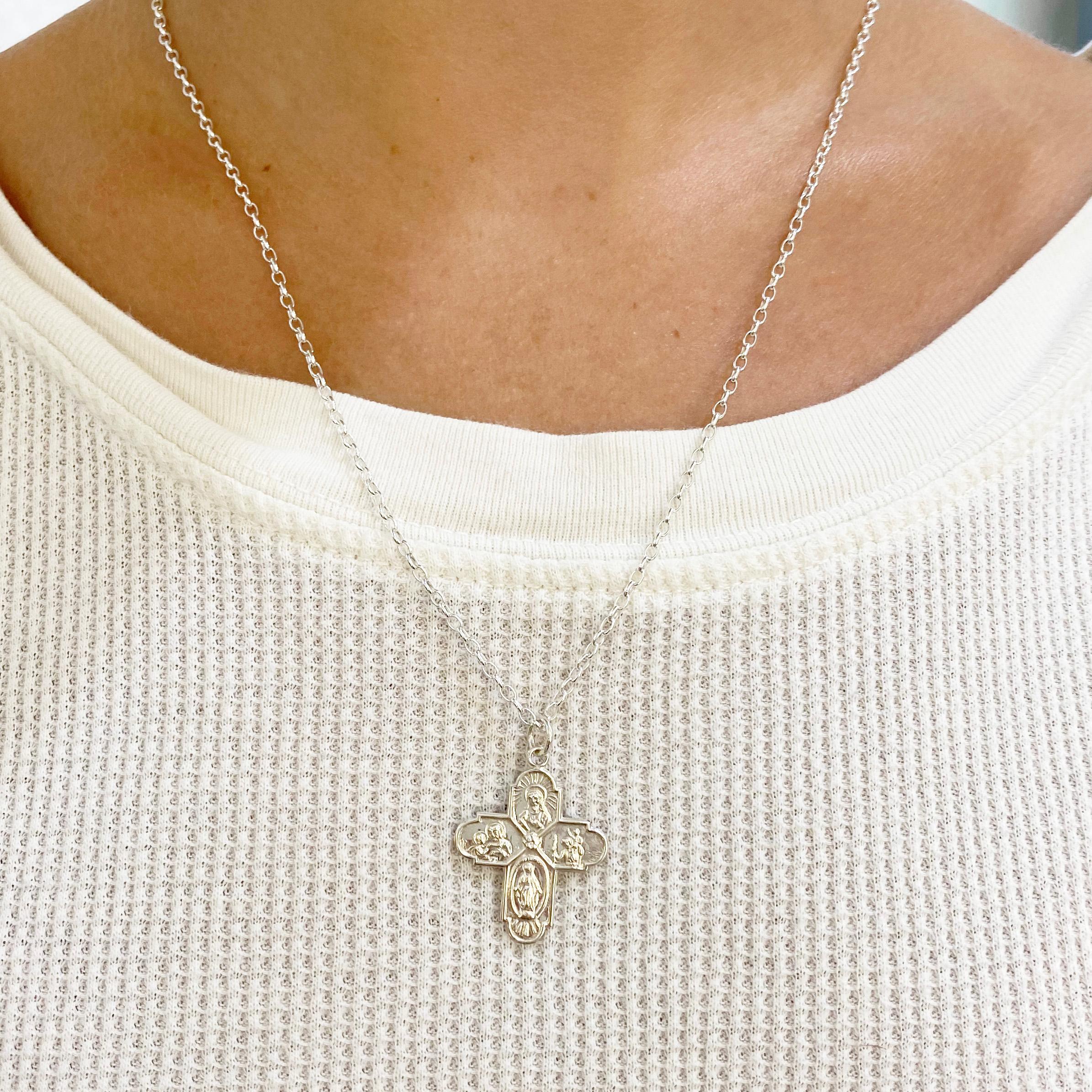 Women's or Men's Miraculous Cross Necklace Sterling Silver Four Way Pendant Cross, Religious
