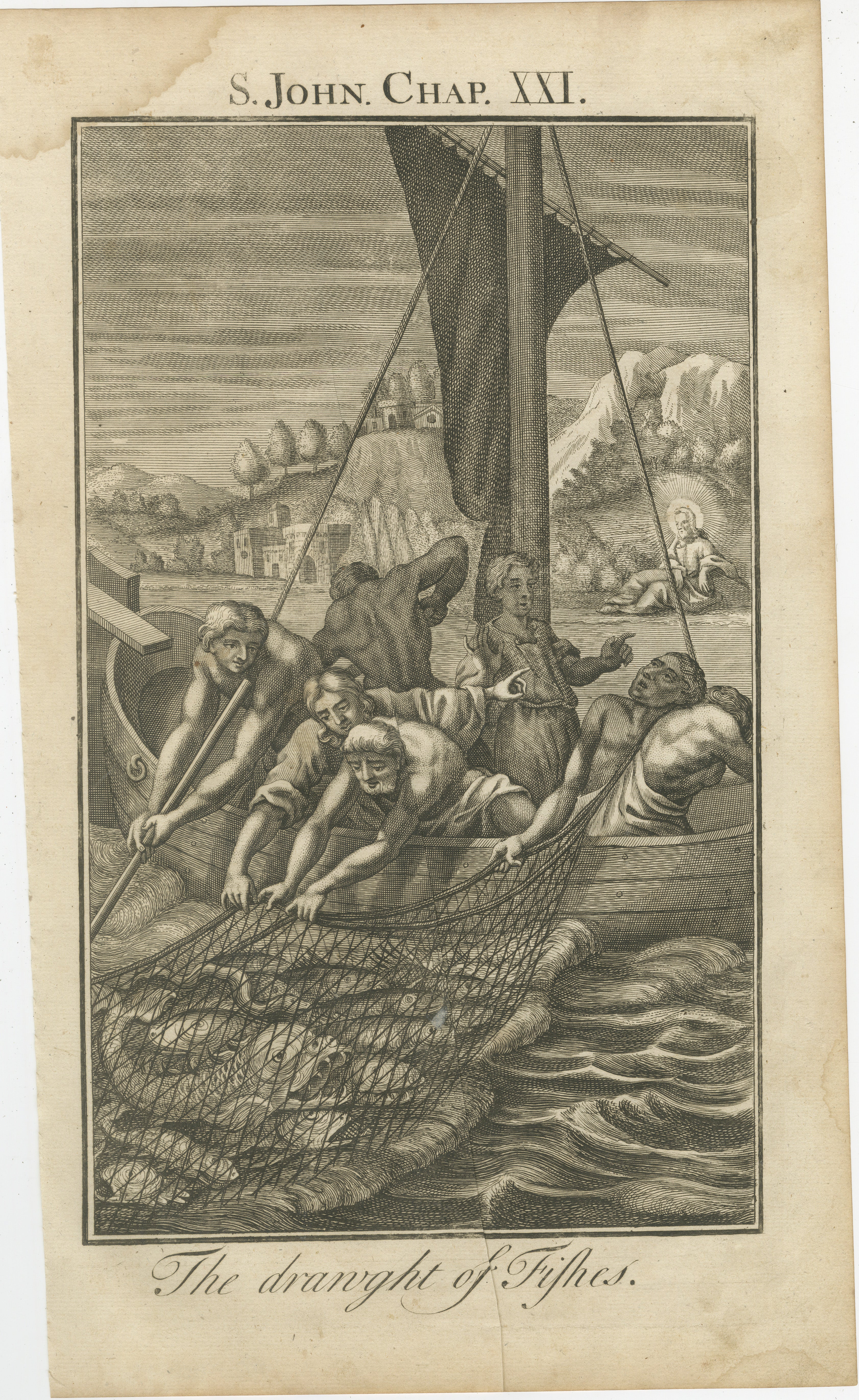 Titre :
Gravure de la pêche miraculeuse - A.I.C. c.1735

Description :
Cette gravure ancienne magnifiquement détaillée, intitulée 