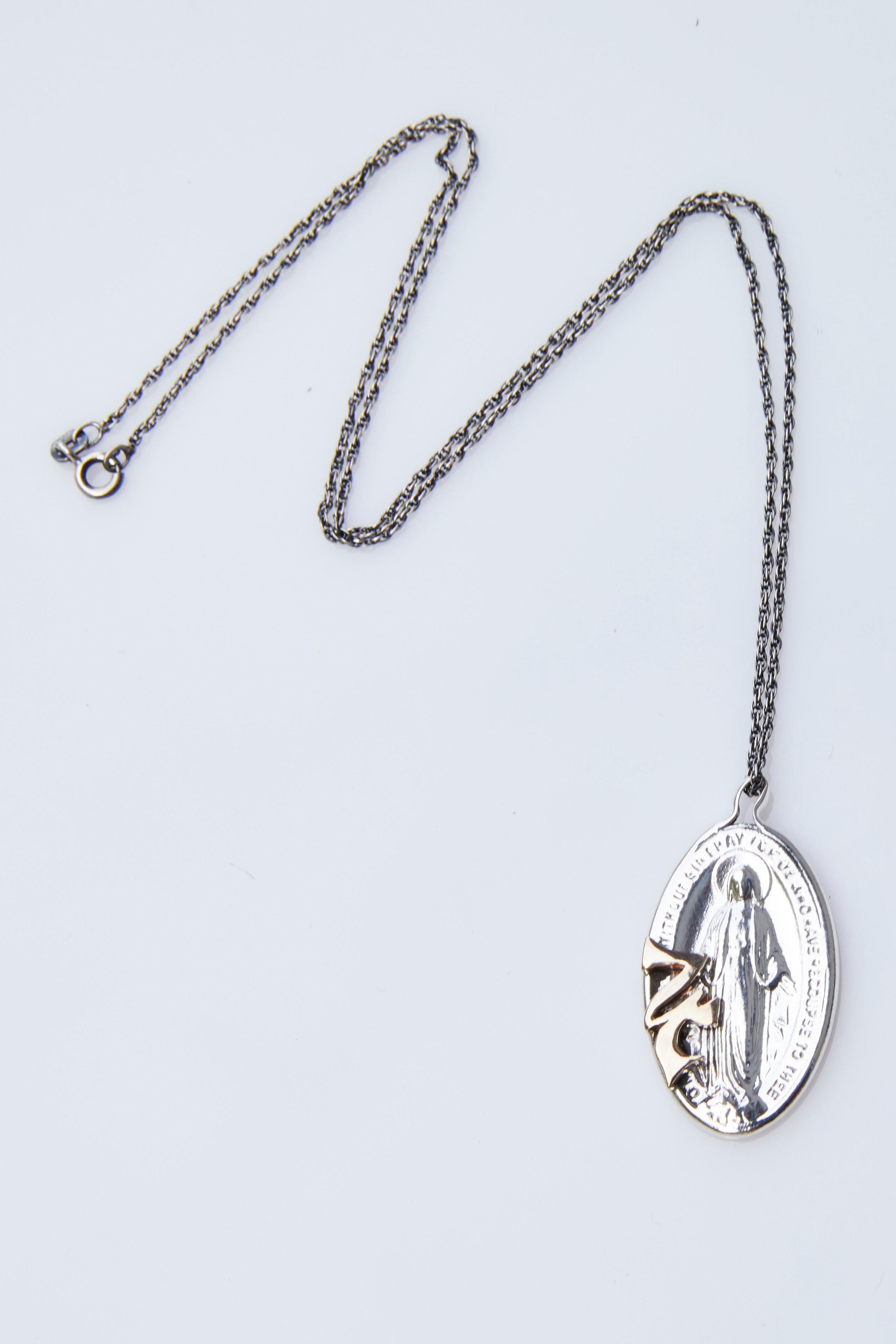 Contemporary Virgin Mary Medal Oval Jupiter Necklace Gold Silver J Dauphin For Sale