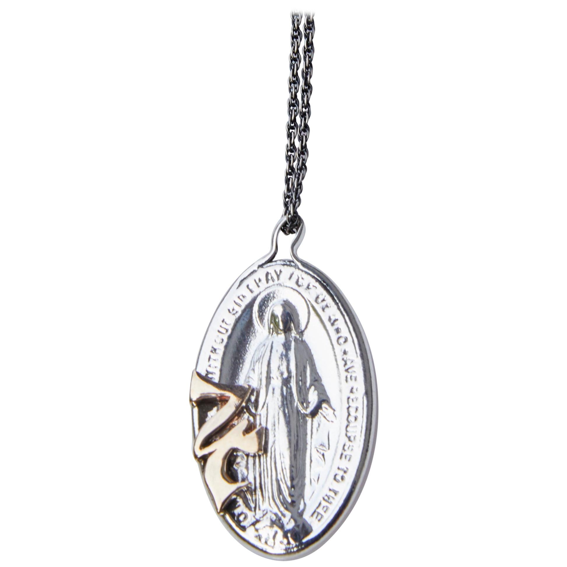 Virgin Mary Medal Oval Jupiter Necklace Gold Silver J Dauphin For Sale