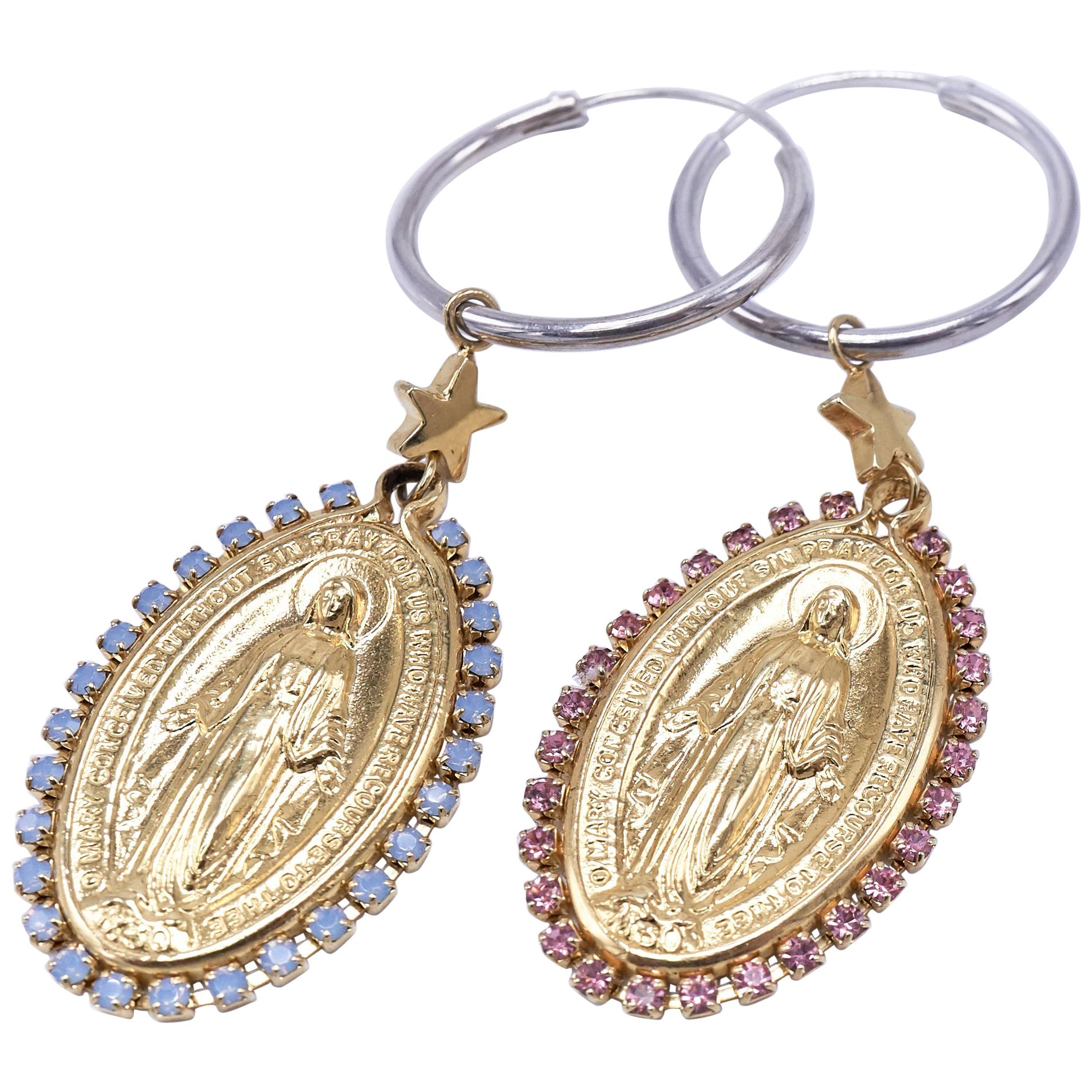 Medal Virgin Mary Earrings Rhinestone Pink Light Blue J Dauphin
