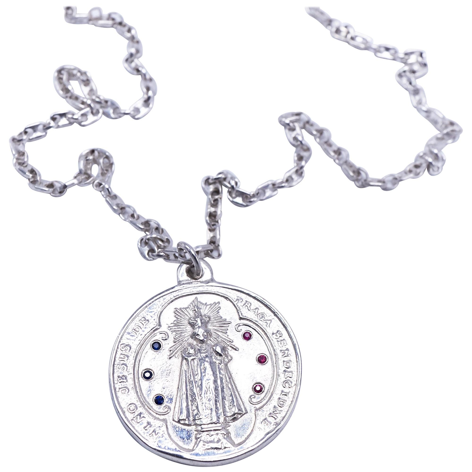 Medal Chain Necklace Miraculous Virgin Mary Ruby Blue Sapphire Silver J Dauphin For Sale