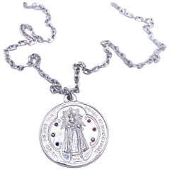 Chaîne collier médaille Miraculous Virgin Mary en argent, rubis et saphir bleu J Dauphin