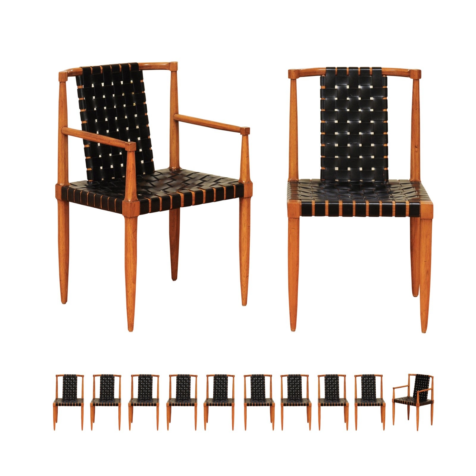 Miraculous Set of 12 Vintage Walnut Danish Leather Strap Chairs by Tomlinson