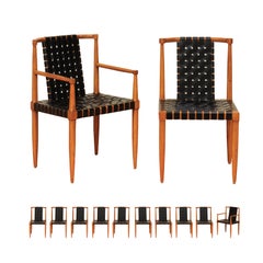 Miraculous Set of 12 Vintage Walnut Danish Leather Strap Chairs by Tomlinson