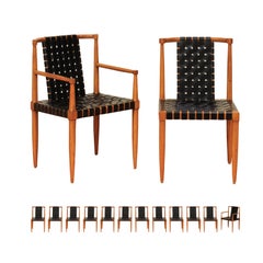 Ensemble miraculeux de 14 chaises à sangles en cuir danois vintage en noyer par Tomlinson