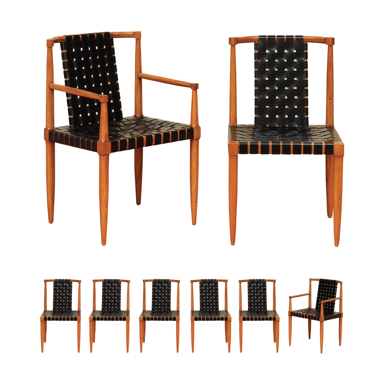 Miraculous Set of 8 Walnut Danish Leather Strap Chairs by Tomlinson, c 1958