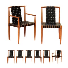 Miraculous Set of 8 Walnut Danish Leather Strap Chairs by Tomlinson, c 1958