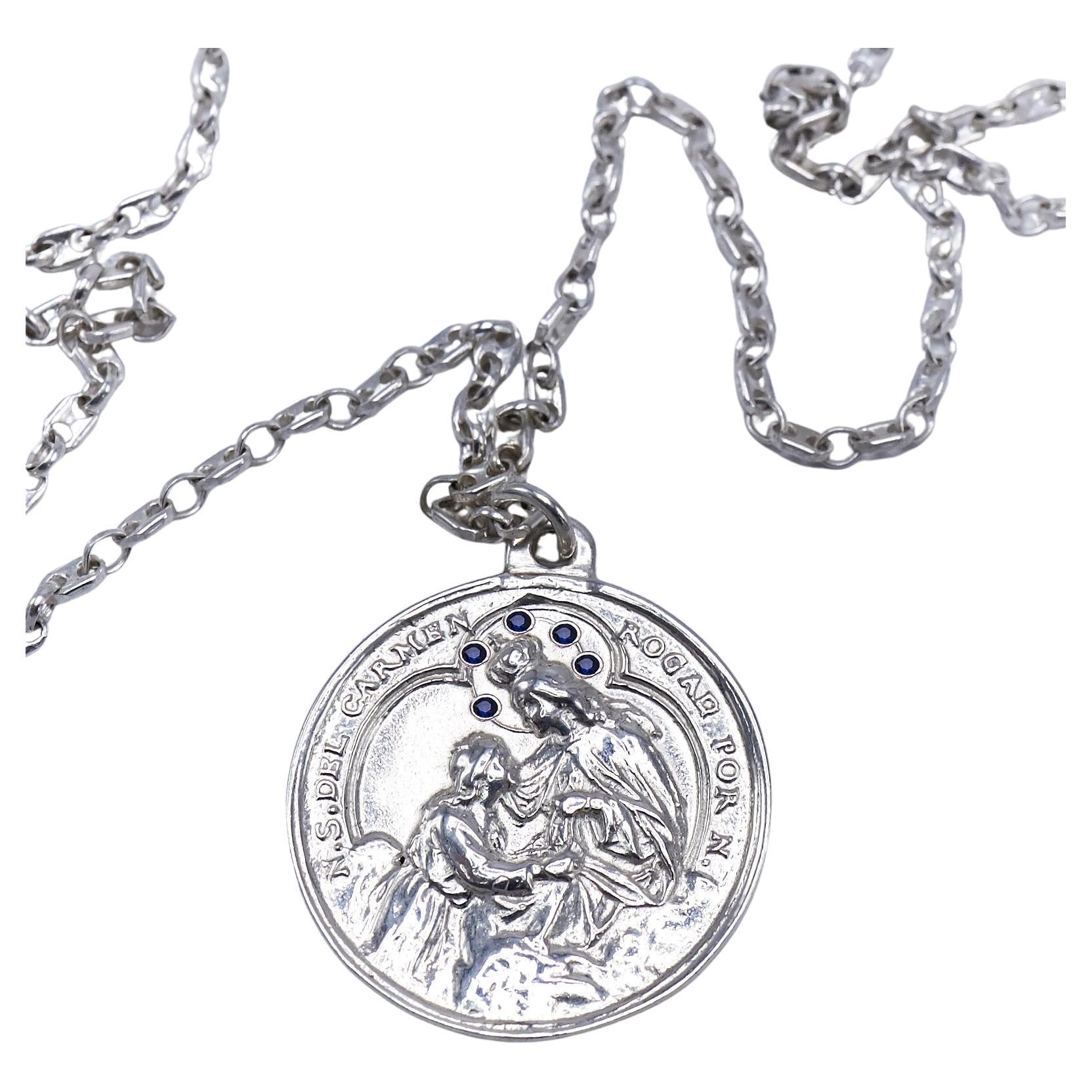 Miraculous Virgin Mary Necklace Blue Sapphire Silver J Dauphin For Sale