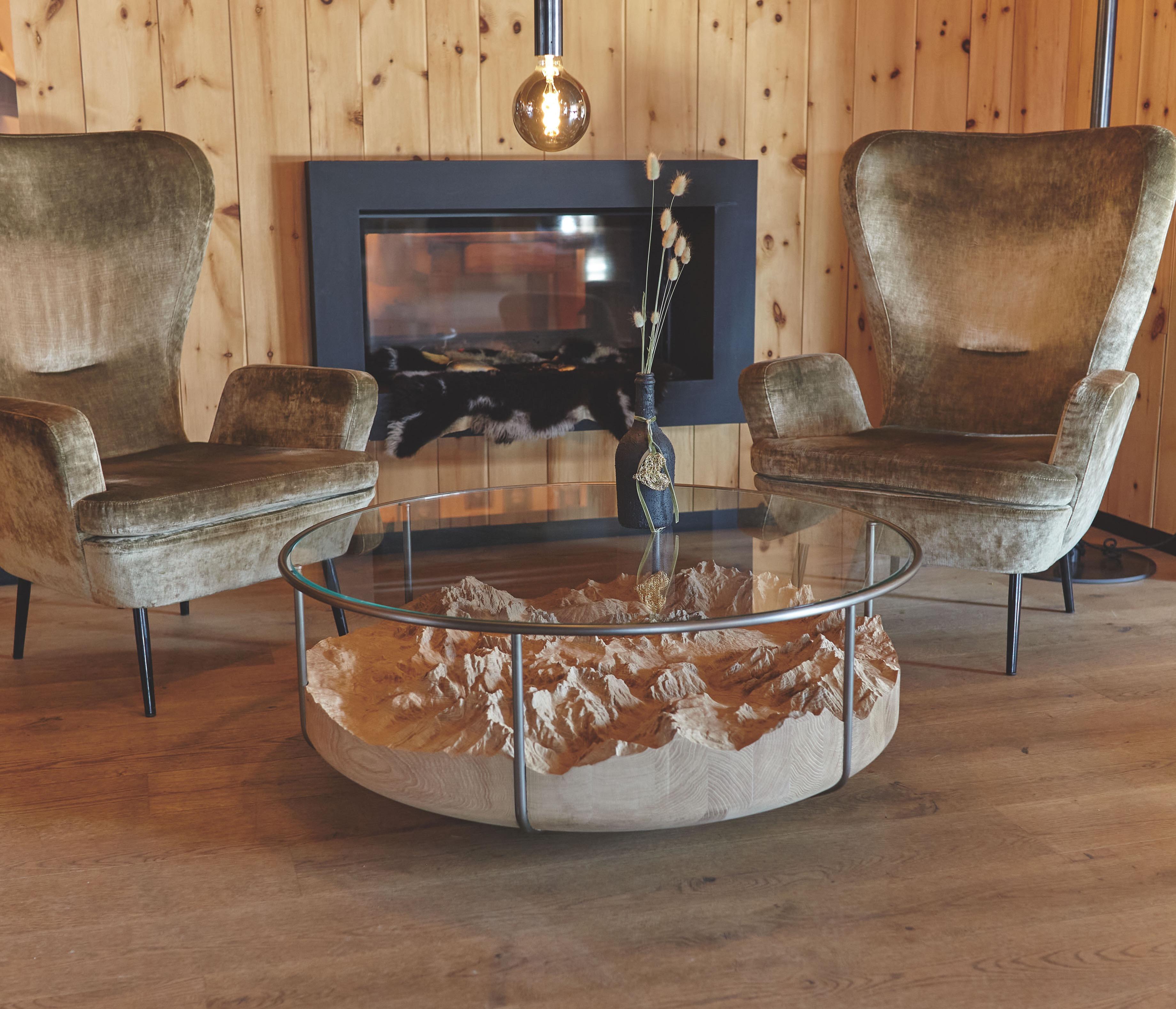 Contemporary Mirage Cherry Wood, Brushed Brass, Transparent Glass Coffee Table by DOLOMITISCH For Sale