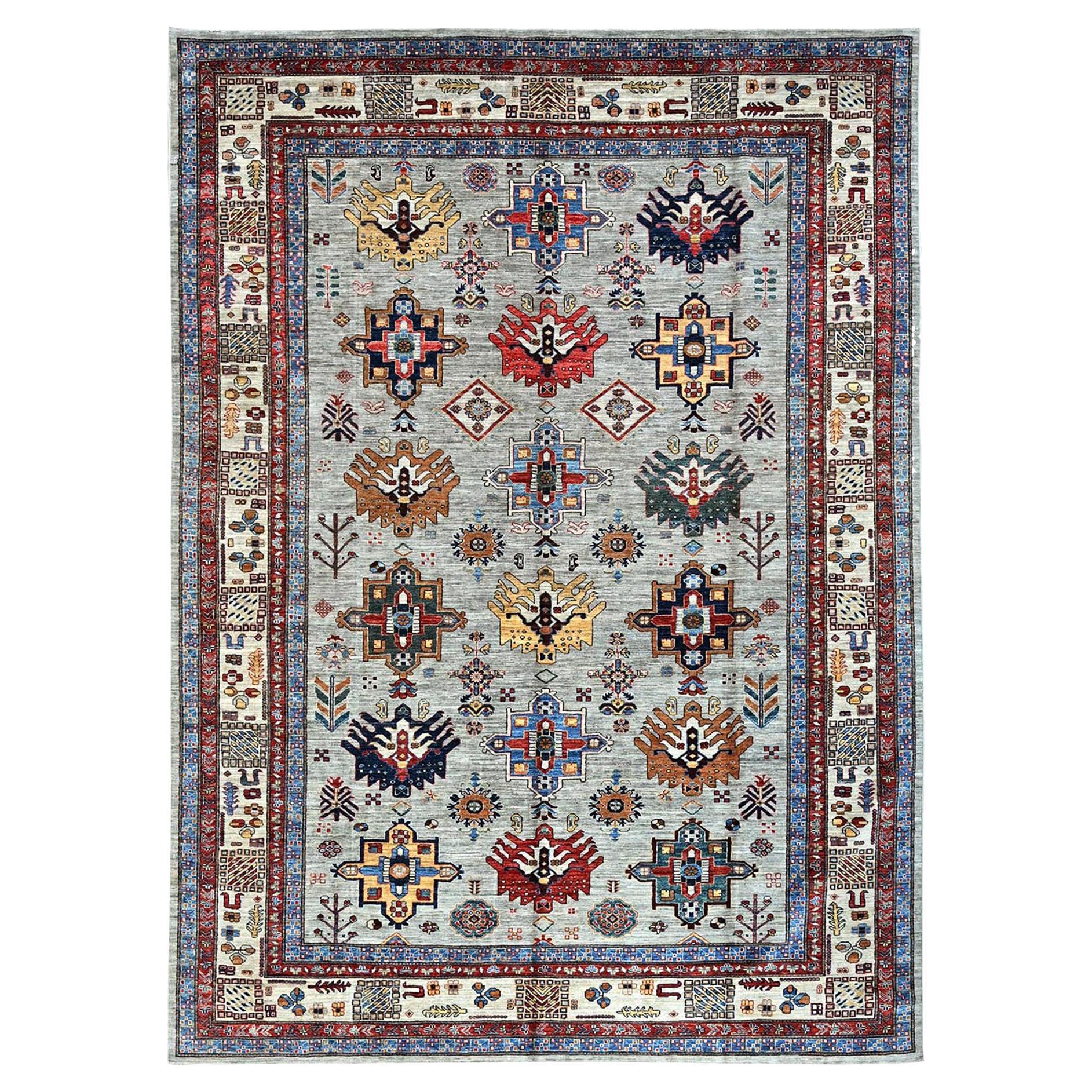 Tapis oriental gris Mirage d'Afghan Super Kazak, noué à la main, 8'8" x 11'9"