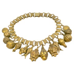 MiramHaskell c1930 Stamped Brass FloralMotif Pendants Link Chain Choker Necklace