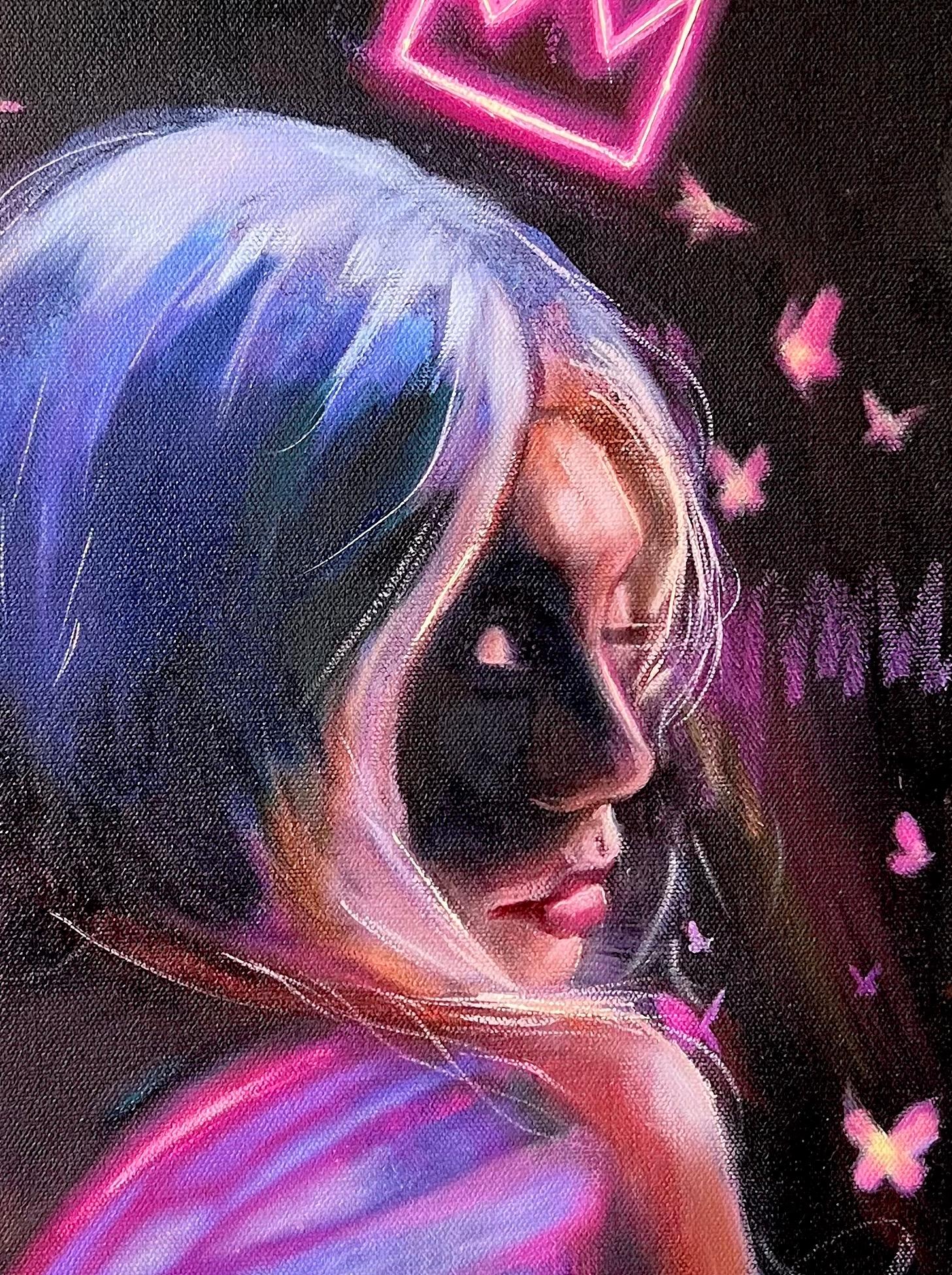 <p>Kommentare der Künstlerin<br>Die Künstlerin Miranda Gamel zeigt ein verträumtes Porträt einer Frau mit einer neonpinken Krone, umgeben von leuchtenden Schmetterlingen. Miranda stellt die Person mit beleuchteten Flügeln auf dem Rücken dar, die aus