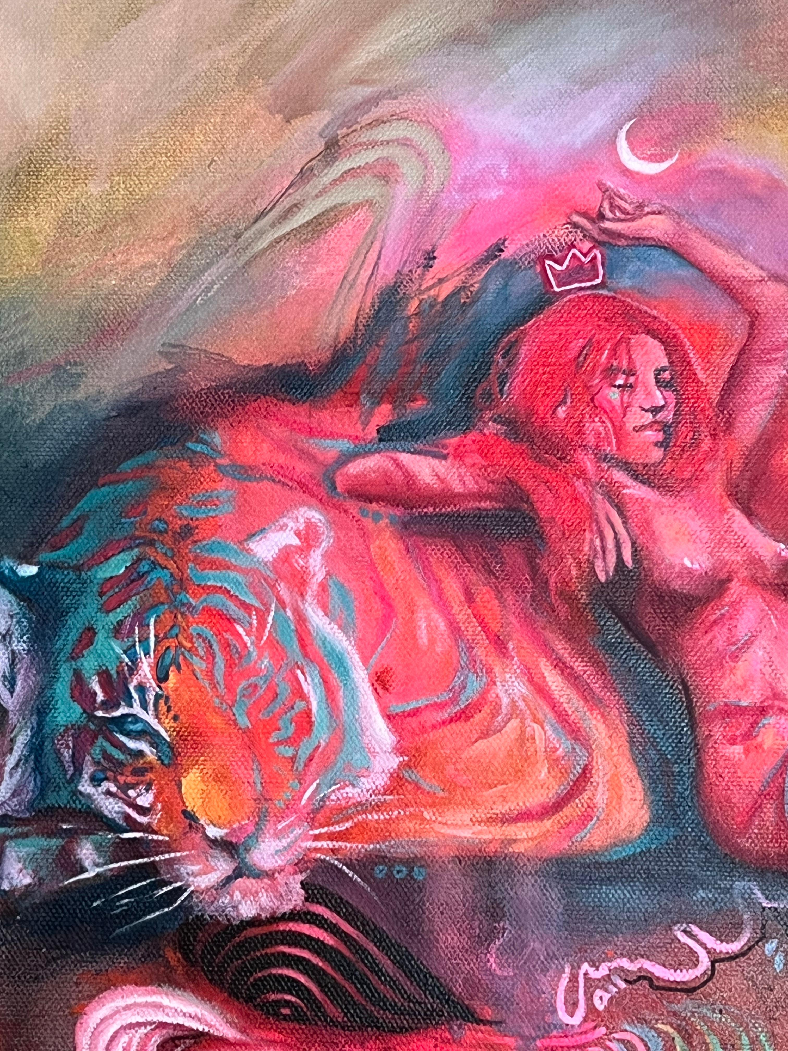 <p>Commentaires de l'artiste<br>L'artiste Miranda Gamel illustre une image surréaliste d'une femme reposant sur le dos d'un tigre. Une représentation de la vulnérabilité et de la paix avec soi-même. Miranda peint la femme nue, sauf pour ses bottes