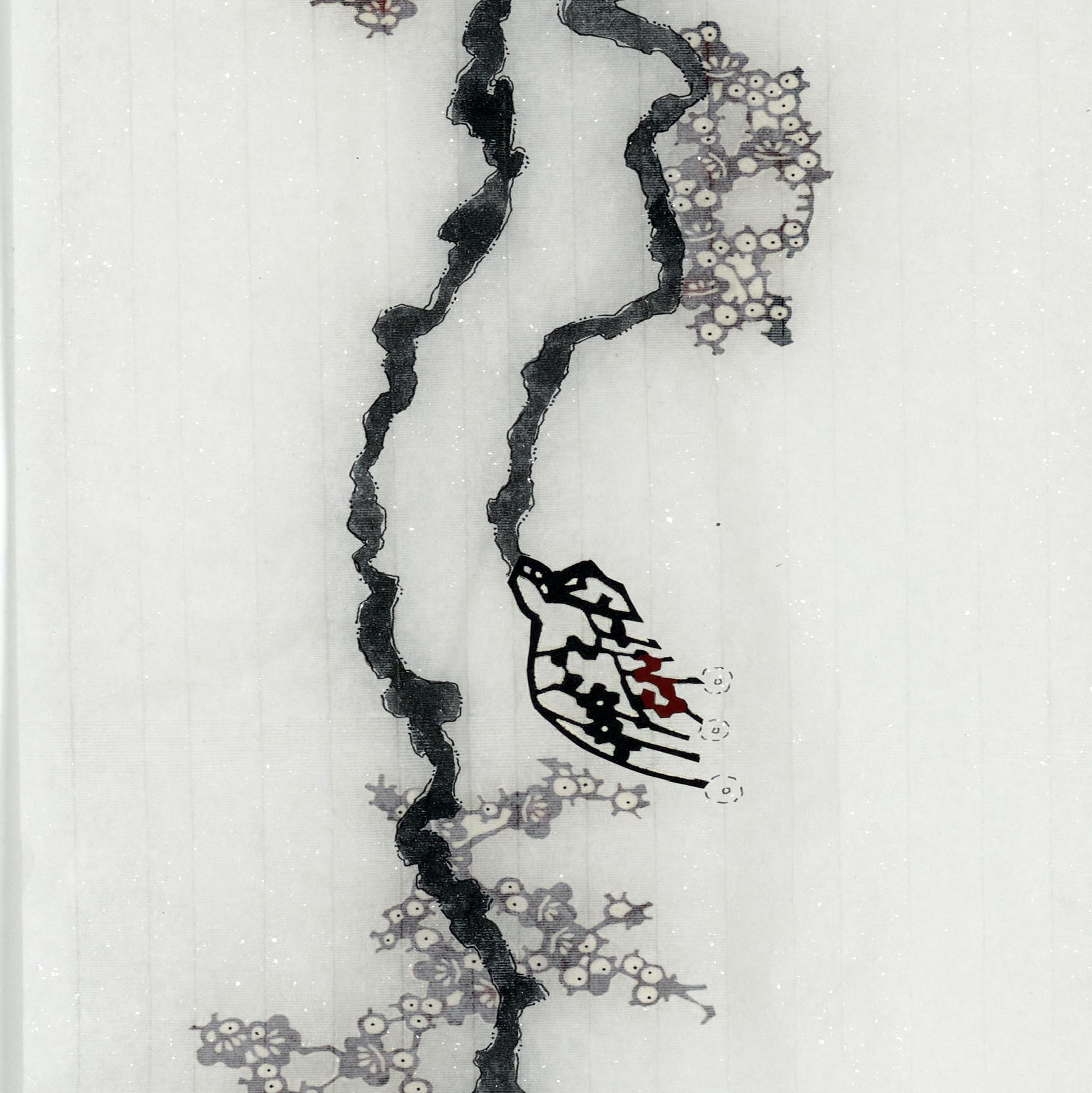 An artwork on paper by New York artist Miranda Maher. Ink, Indian marble paper and Chiyogami papers on Chinese “Cicada Wing” calligraphy paper.

Miranda Maher’s artistic journey is a profound exploration of discrepancies, mistakes, and the intricate