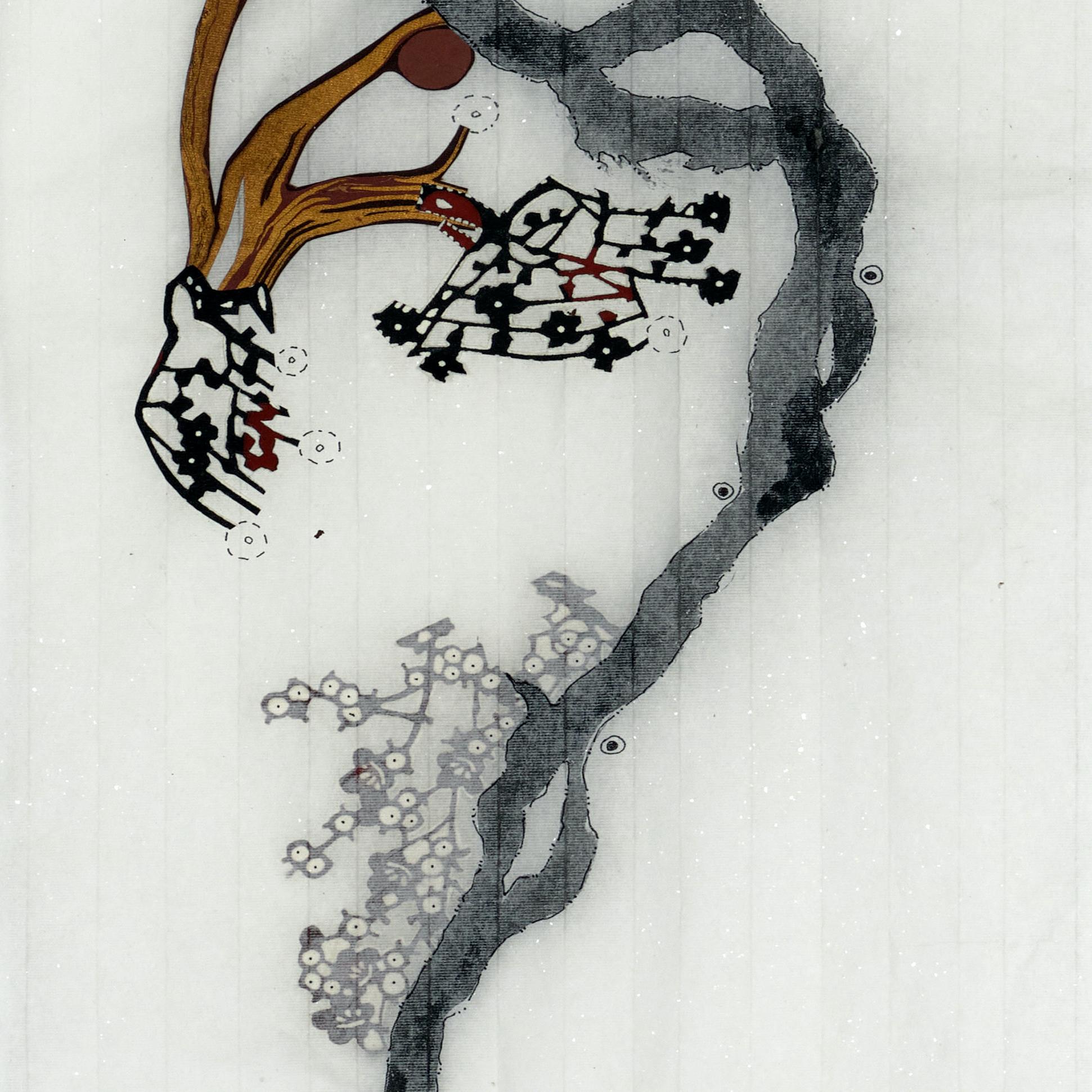 An artwork on paper by New York artist Miranda Maher. Ink, Indian marble paper and Chiyogami papers on Chinese “Cicada Wing” calligraphy paper.

Miranda Maher’s artistic journey is a profound exploration of discrepancies, mistakes, and the intricate